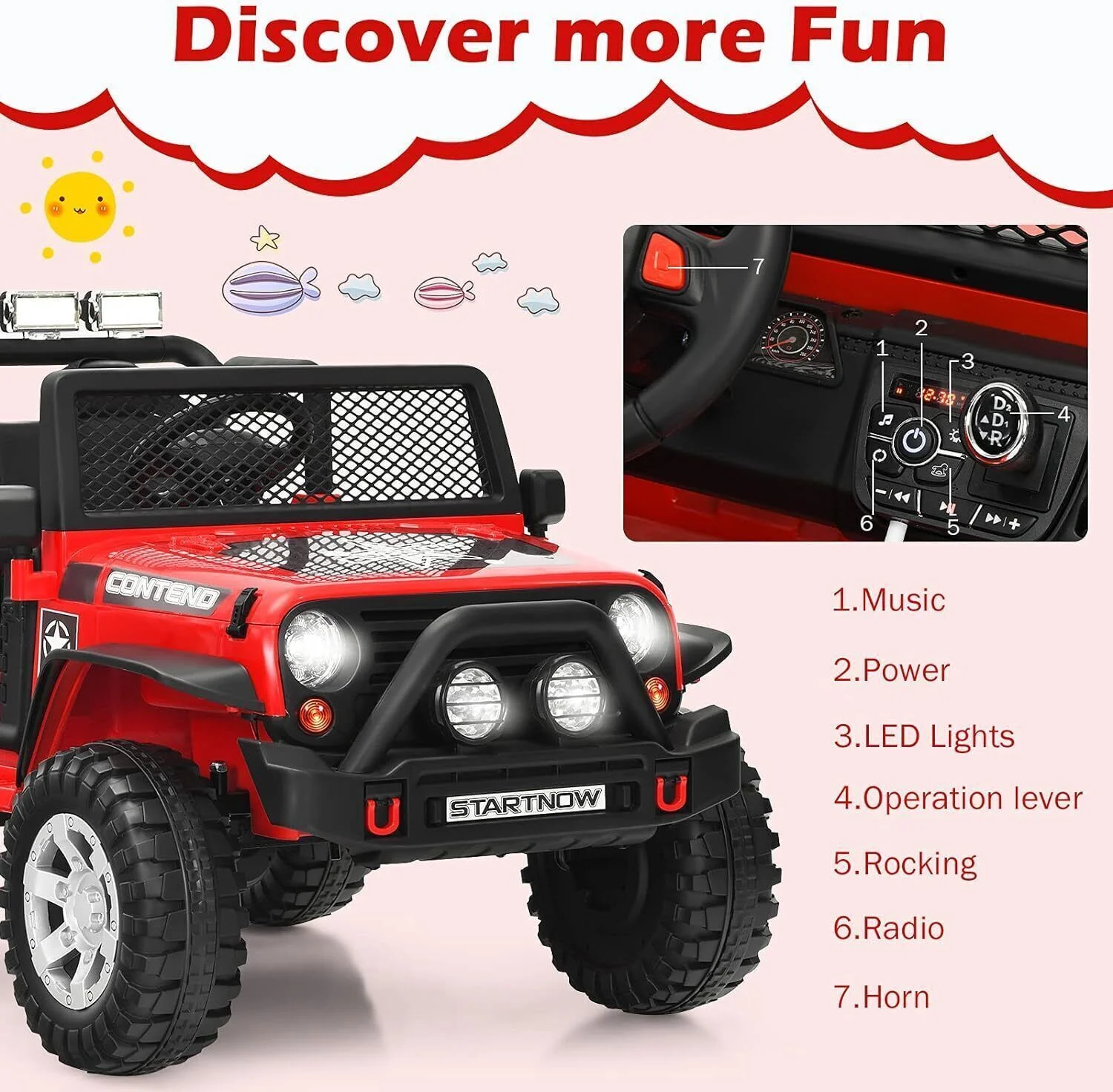 Dazone 12V Kids Ride on Jeep Car, Electric 2 Seats Off-road Jeep Ride on Truck Vehicle with Remote Control, LED Lights, MP3 Music, Black - Womvr
