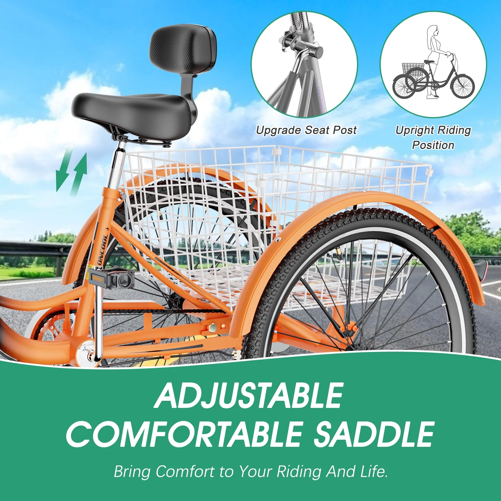 MOPHOTO Adult Tricycle for Seniors (Cyan, 26inch /7-Speed), Low Frame Three Wheel Bikes with Large Basket & Bell, 3 Wheel Cargo Bicycle, Safe and Durable Trike - Womvr