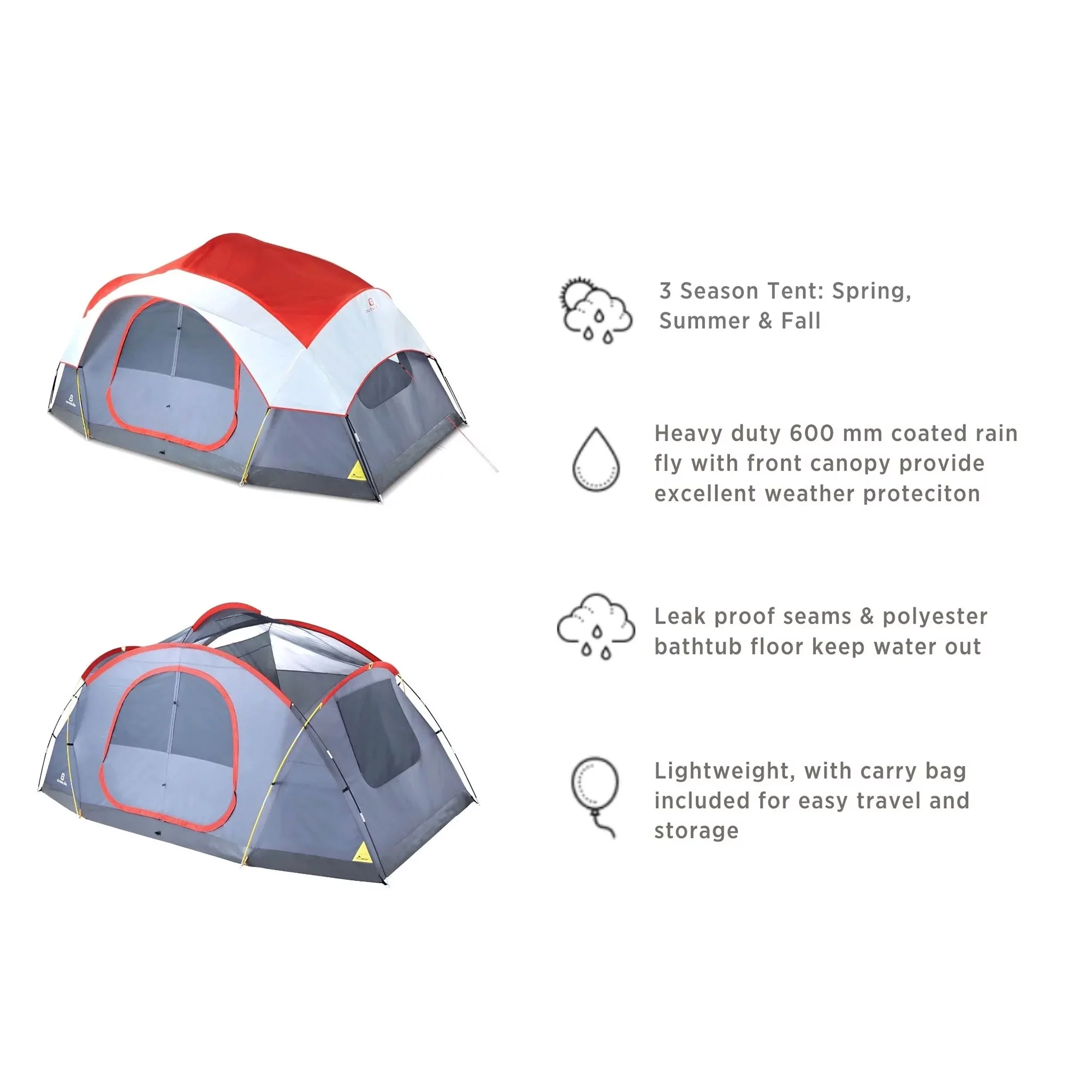 Outbound 8 Person 3 Season Easy Up Dome Tent with Room Divider and Rainfly, Red - Womvr