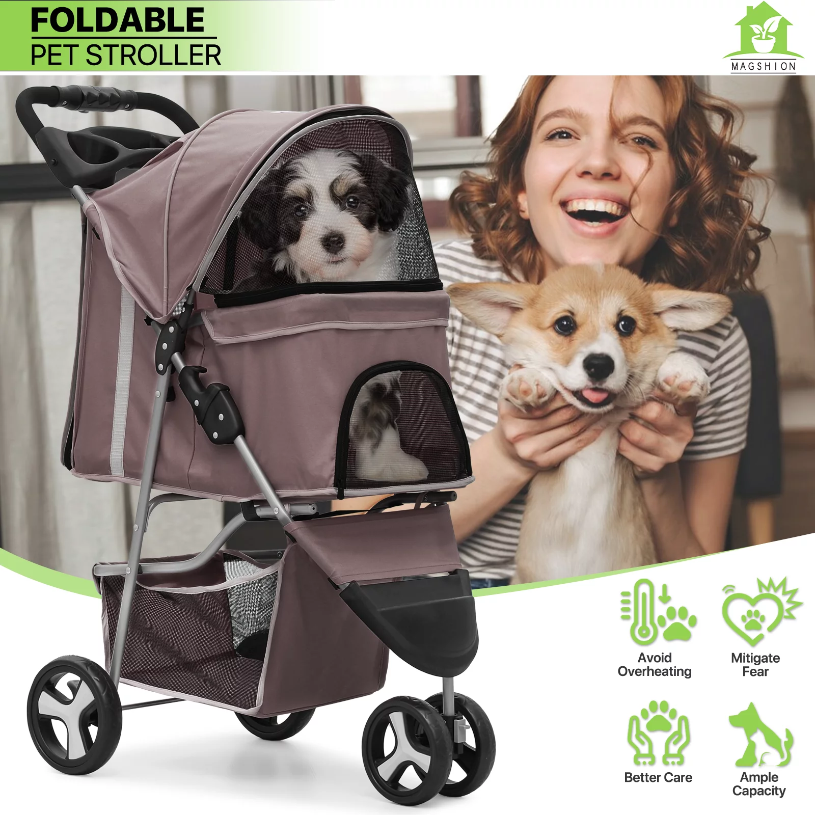 Magshion Foldable Pet Dog Stroller with Wheels, Cat Dog Stroller with Storage Basket and Cup Holder for Small and Medium Cats, Dogs, Puppy, Navy Blue - Womvr