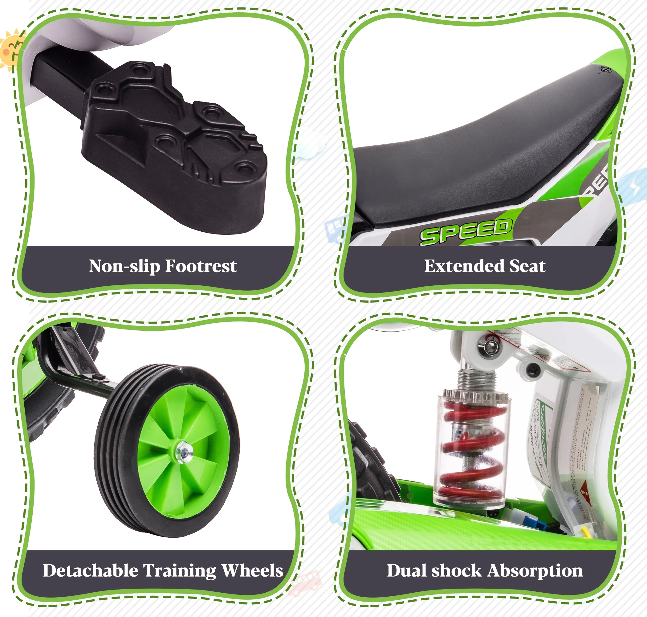 TOBBI 12V Kids Motorcycle off- Road Ride on Dirt Bike W/ Training Wheels, Age 3-8 Toddlers, Green - Womvr