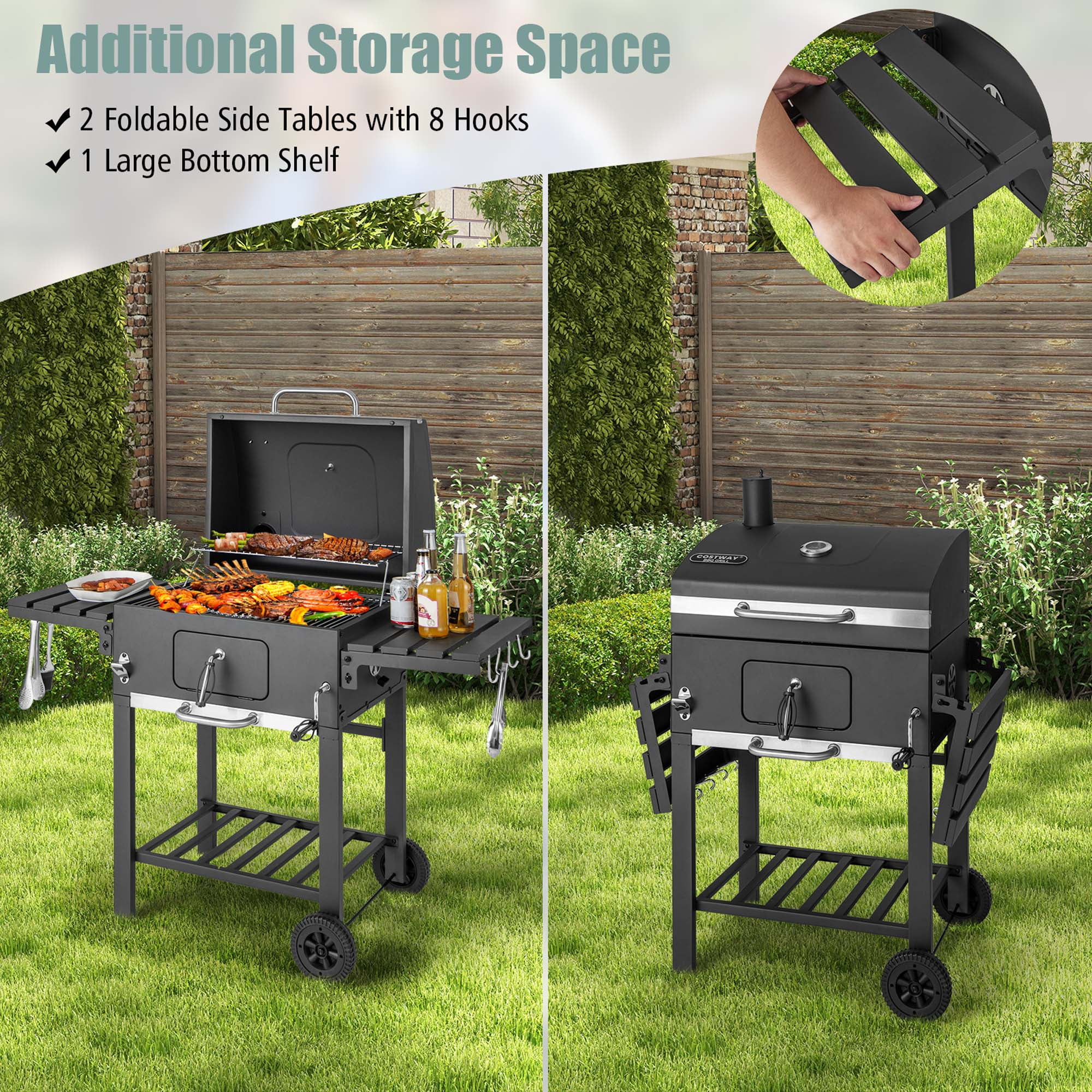Costway Outdoor Charcoal Grill 391 sq.in. Cooking Area 2 Foldable Side Table BBQ Camping - Womvr