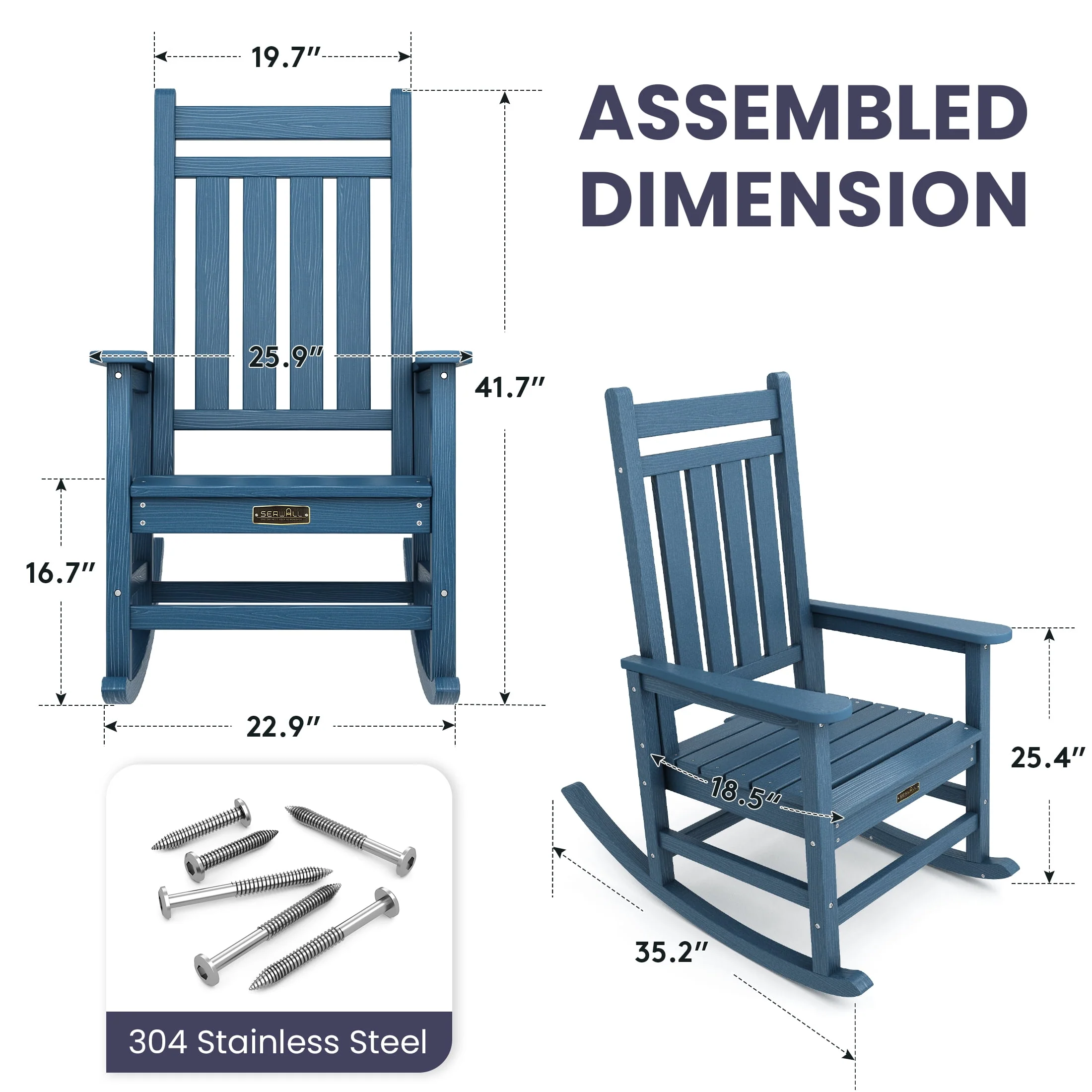 SERWALL Outdoor Oversized Slat Rocking Chair, HDPE Plastic Porch Rocker, Gray - Womvr