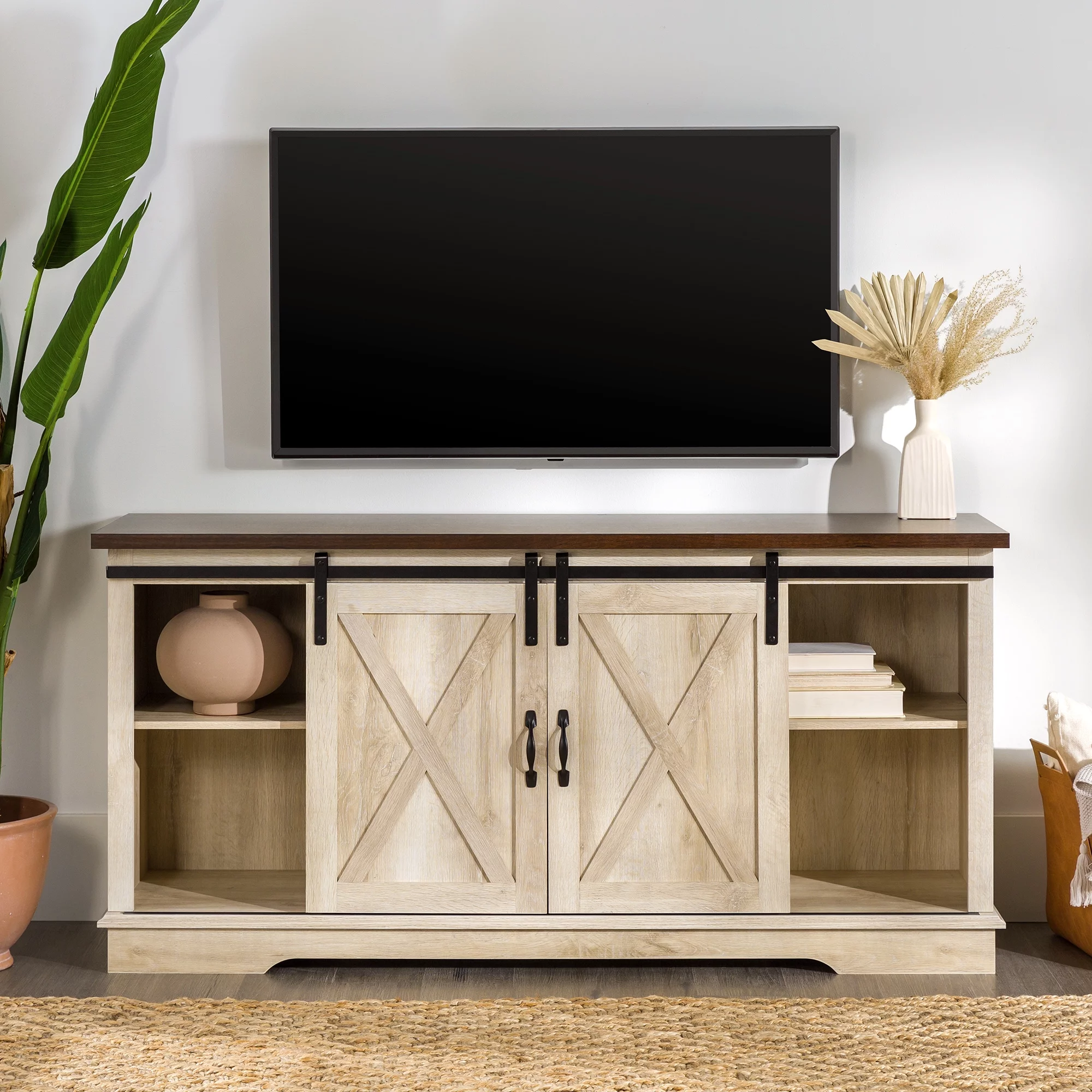 Woven Paths Farmhouse Sliding Barn Door TV Stand for TVs up to 65