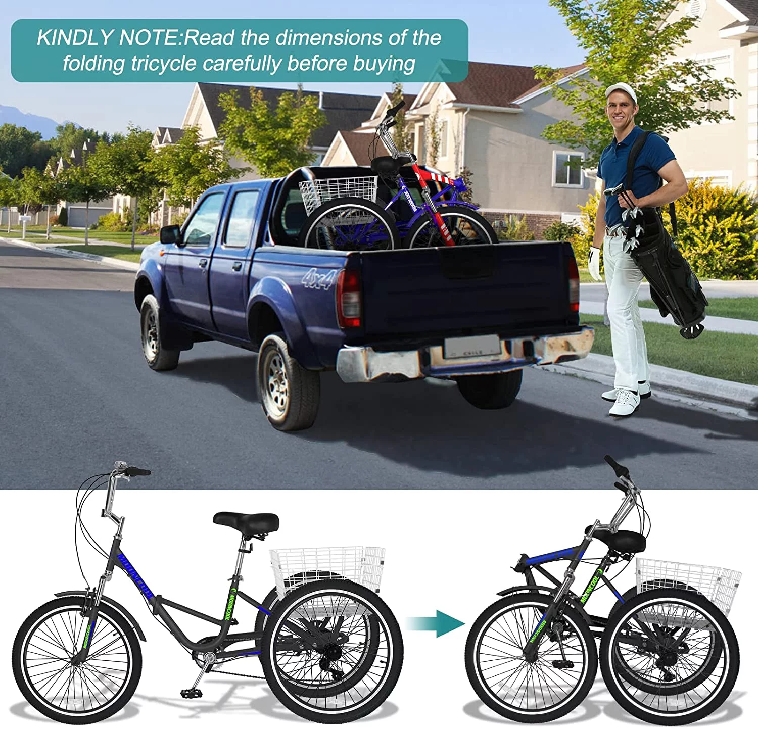 MOONCOOL Adult Folding Tricycle, 7 Speed 20/24/26 inch Adult Tricycles, Three Wheel Bike Cruiser Trike with Large Basket - Womvr