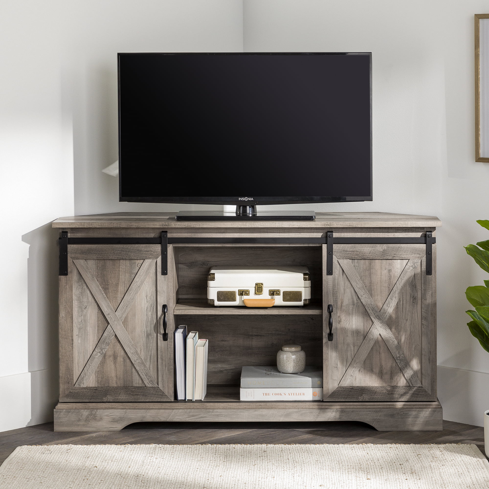 Walker Edison Modern Farmhouse Sliding Door Corner TV Stand, White Oak - Womvr