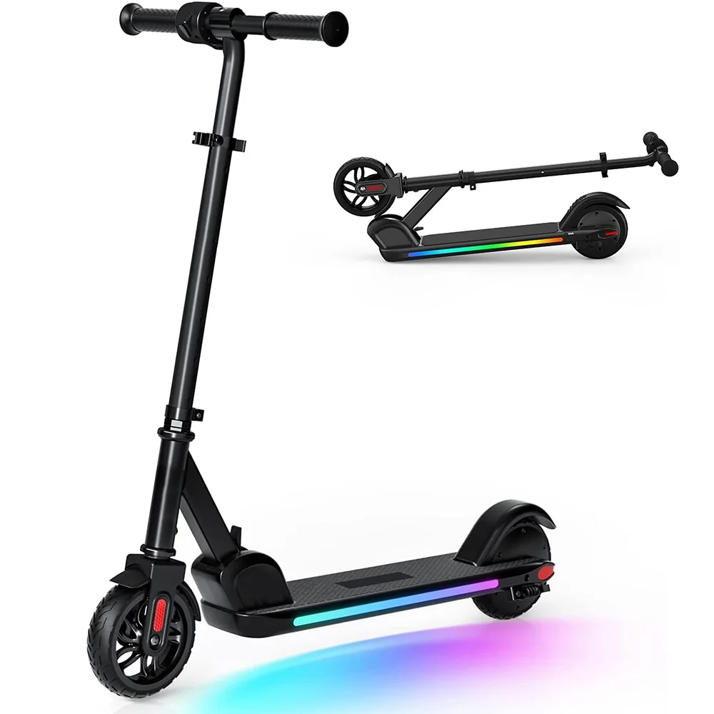 Electric Scooter for Kids, Foldable Scooter with Colourful Rainbow Light and LED Display, Adjustable Speed and Height Black - Womvr