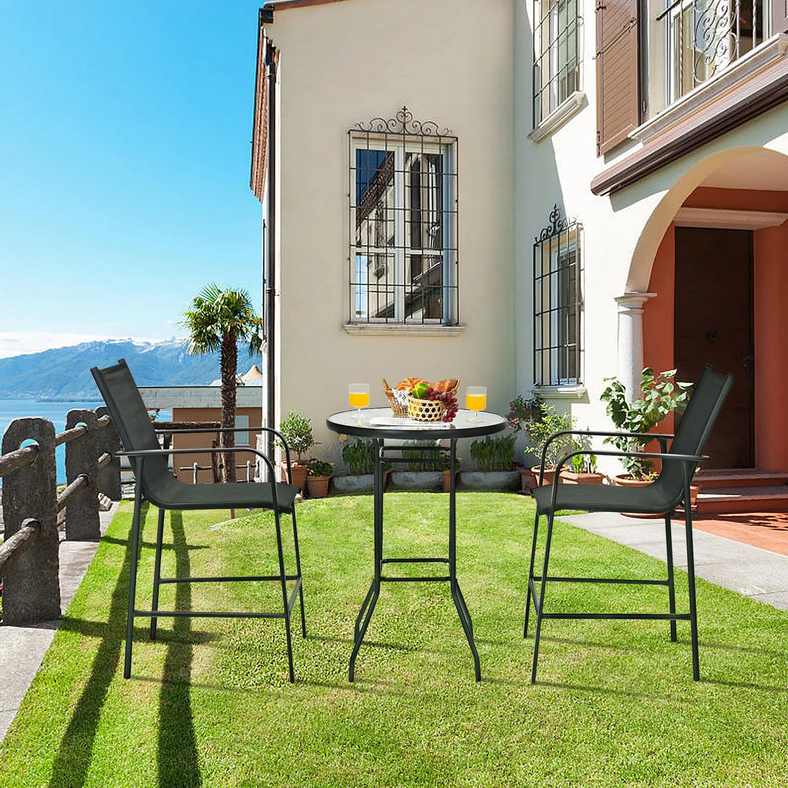 Giantex 3 Pieces Outdoor Patio Bar Set, Outdoor Bistro Set with 2 Bar Stools and 1 Tempered Glass Bar Table, Bar Height Patio Table and Stools Set for Backyard, Garden, Lawn (Black) - Womvr
