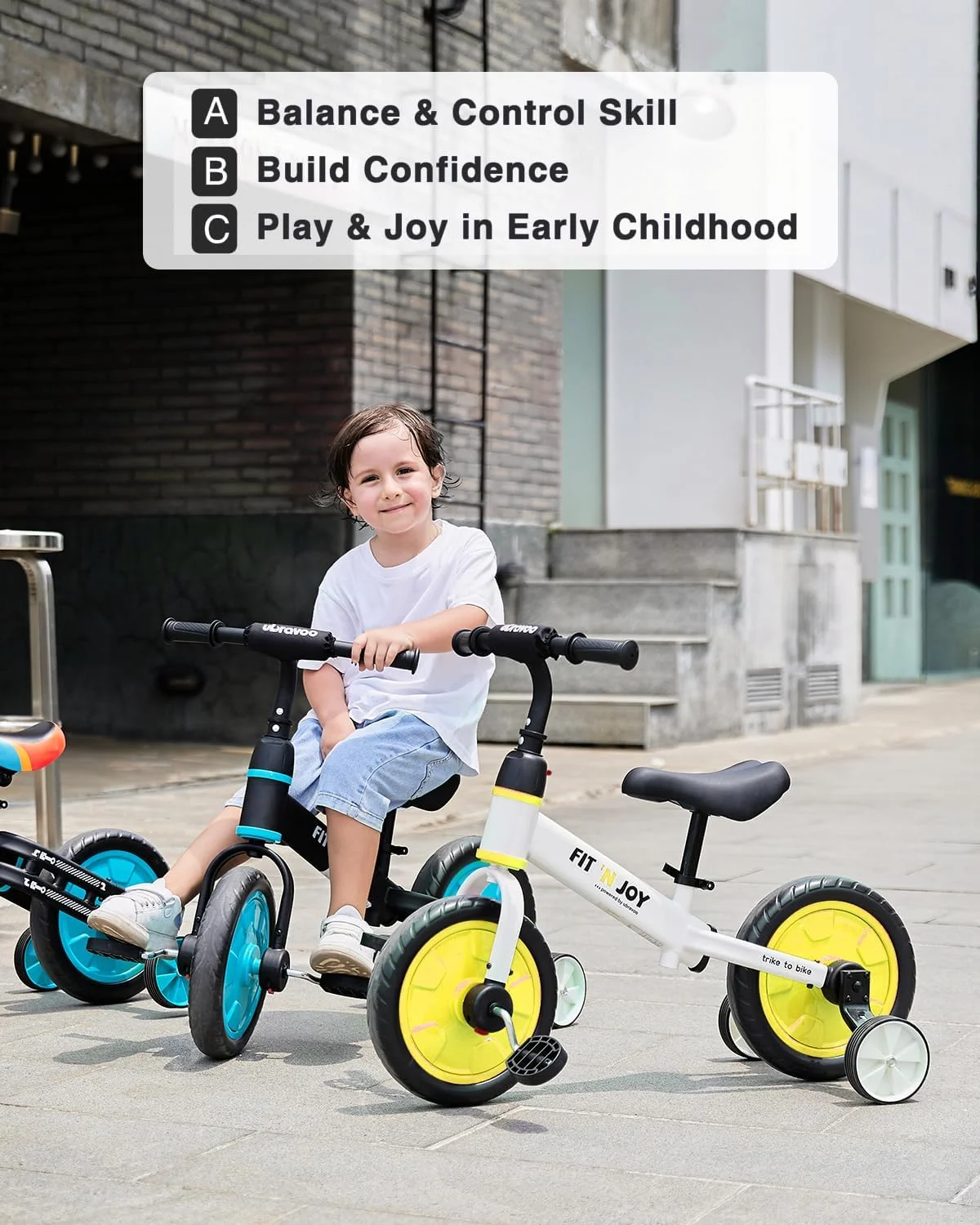 Ubravoo Fit 'n Joy Toddler Balance Bike,4-in-1 Starter Kids Training Bicycle,Rear Single Rod,Blue - Womvr