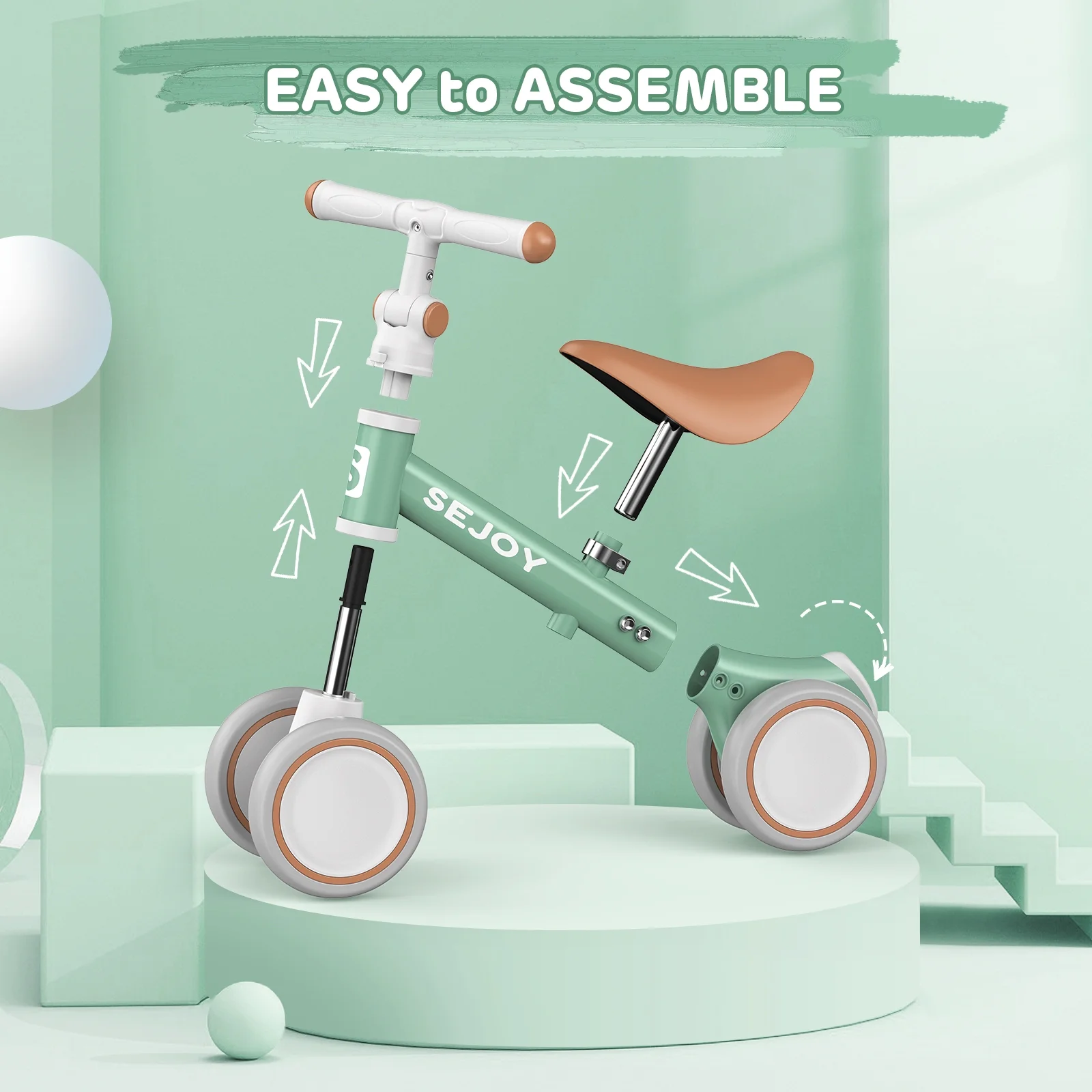 Sejoy Baby Balance Bike, Toddler Baby Bicycle with 4 Wheels for 10-36 Months, Adjustable Handlebar Baby Outdoor Bike Riding Toy, First B-day Gift - Womvr