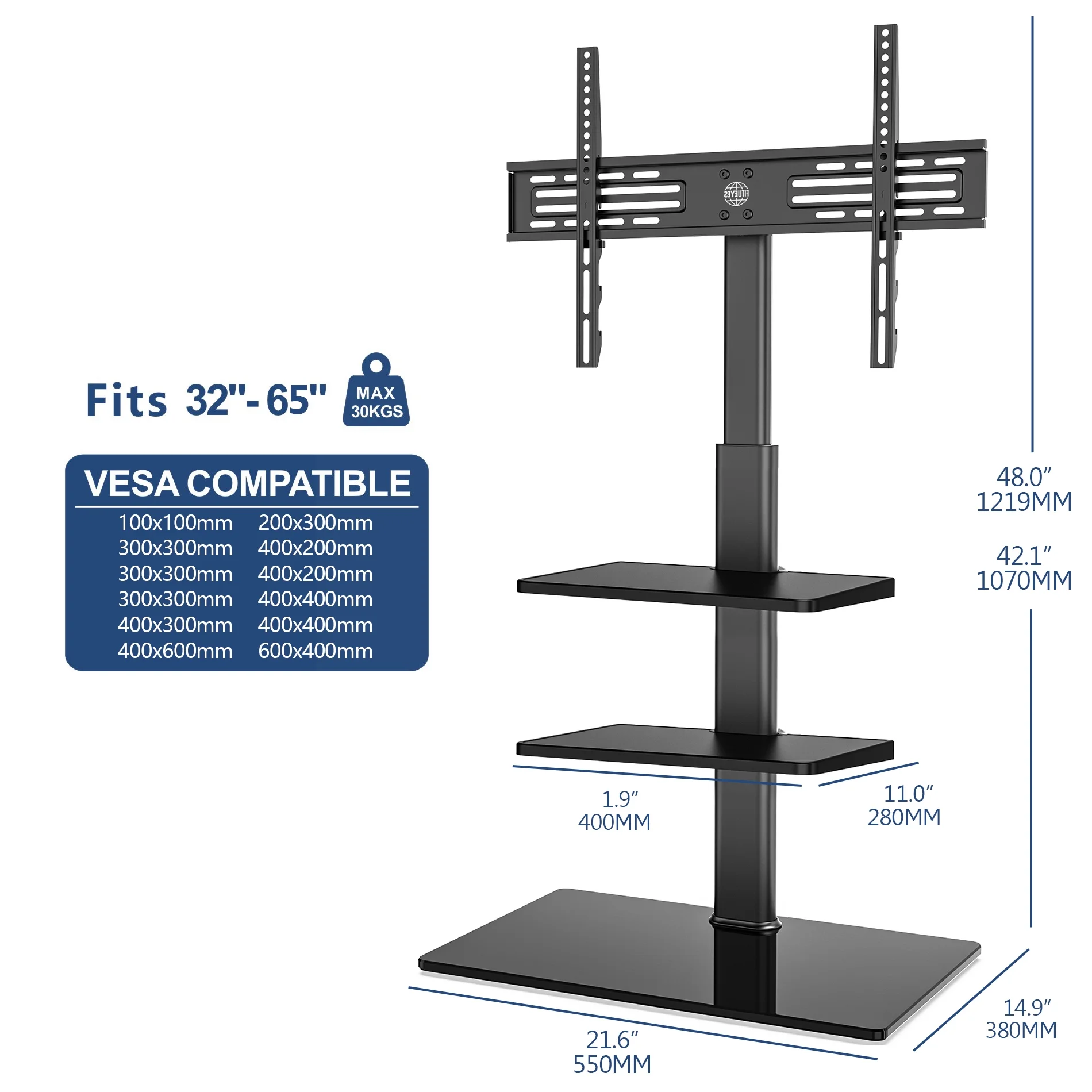 FITUEYES Tempered Glass Base Floor TV Stand 32-65 Inch, Height adjustable,Swivel TV Stand with Mount,Black - Womvr