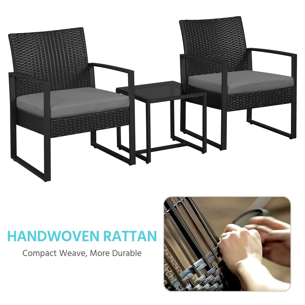 Yaheetech Modern 3-piece Patio Rattan Chairs & Table Set with Cushions, Black/Gray - Womvr
