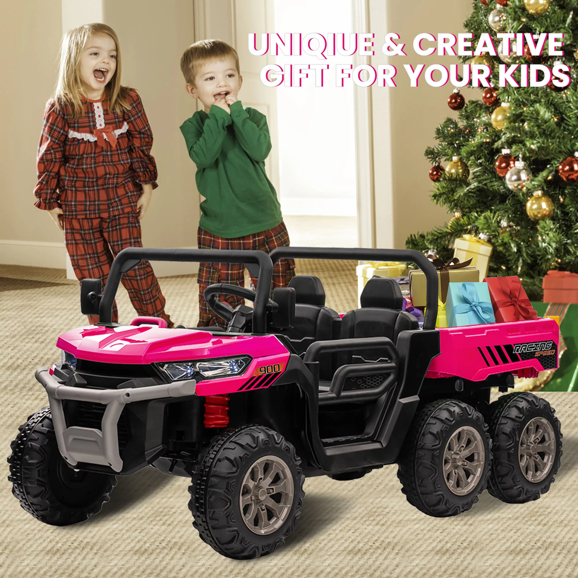 Joyracer 24V Ride on Toys, 2 Seater 6-Wheel UTV Car, 4WD Ride on Dump Truck for Big Kids with Trailer Remote Control, Black - Womvr