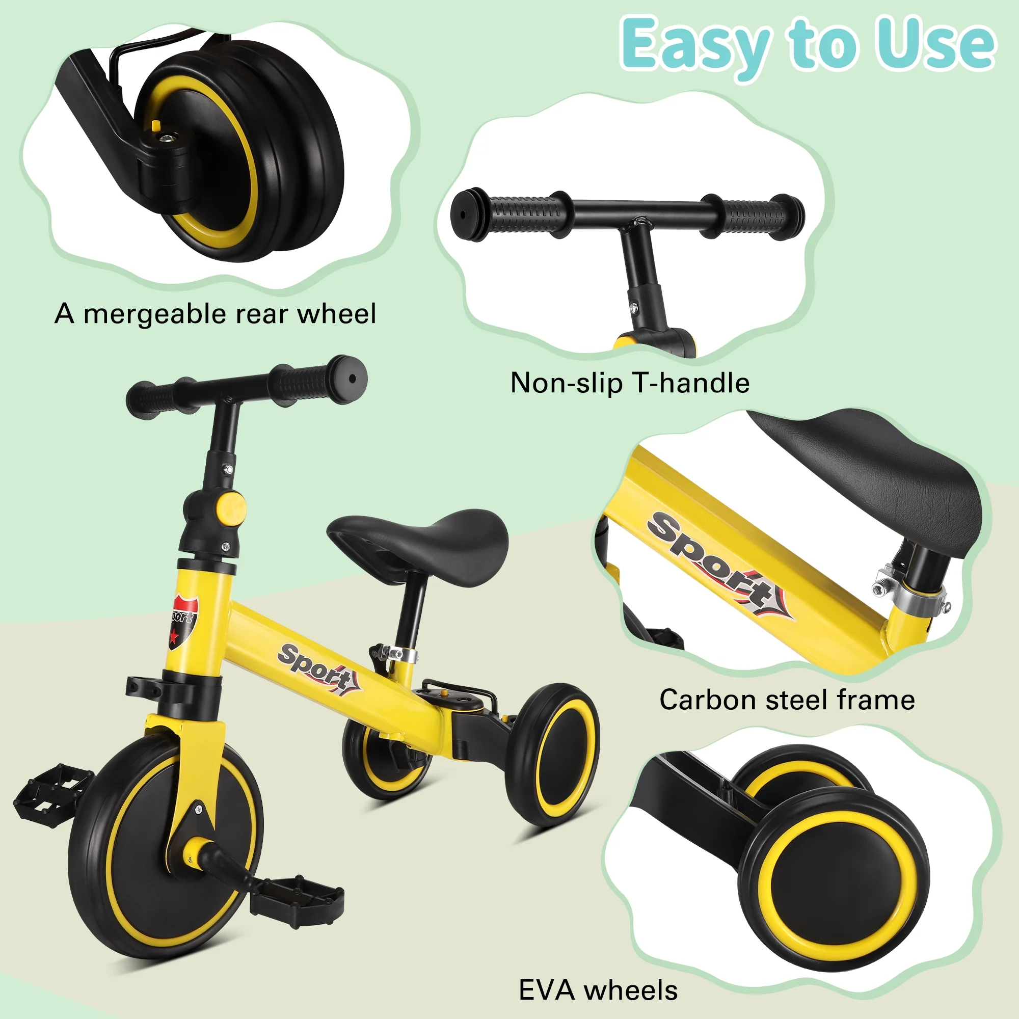 RELOIVE 6 in 1 Kids Tricycle for 1-5 Years Old,Toddler Bike Kids Trike for Balance Training,Baby Bike for Boy Girl with Adjustable Seat Height and Removable Pedal,Yelllow - Womvr