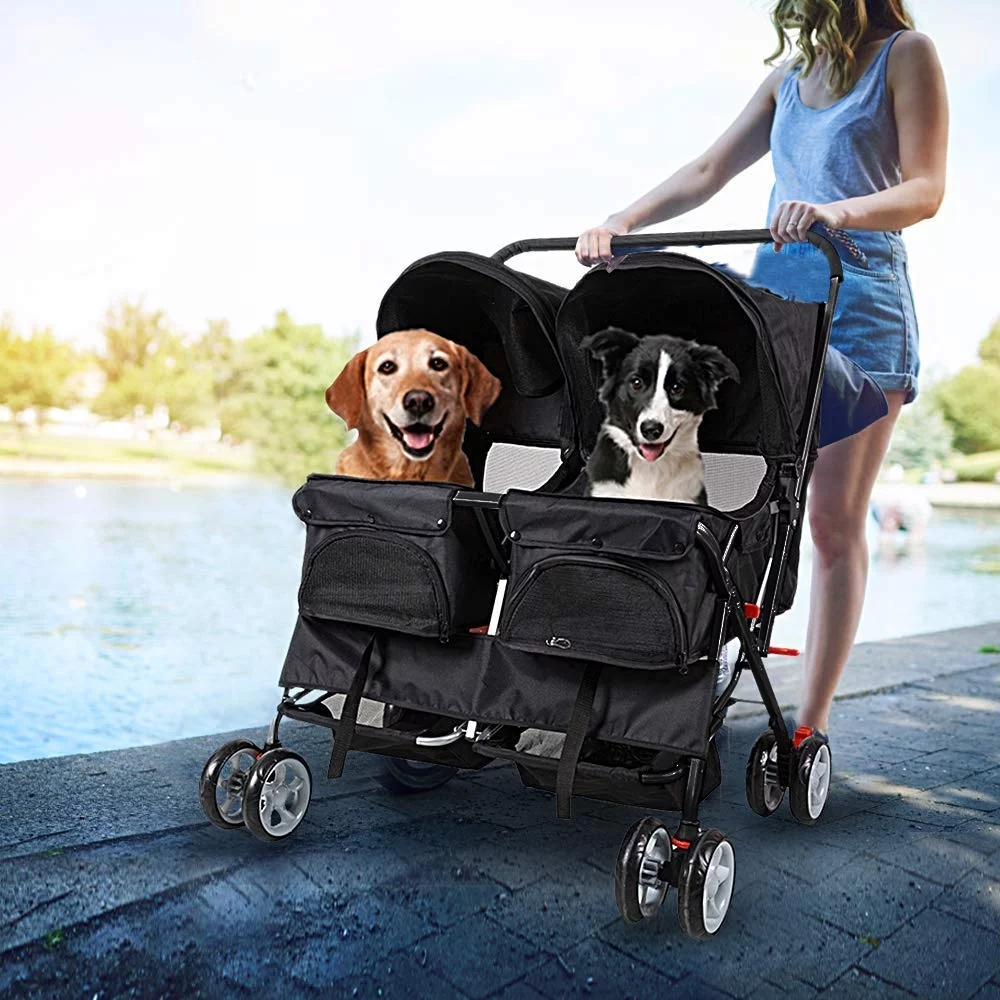 Karmas Product Double Pet Stroller Foldable Doggy Stroller Two-Seater Carrier Strolling Cart for Dog Cat, Blue - Womvr