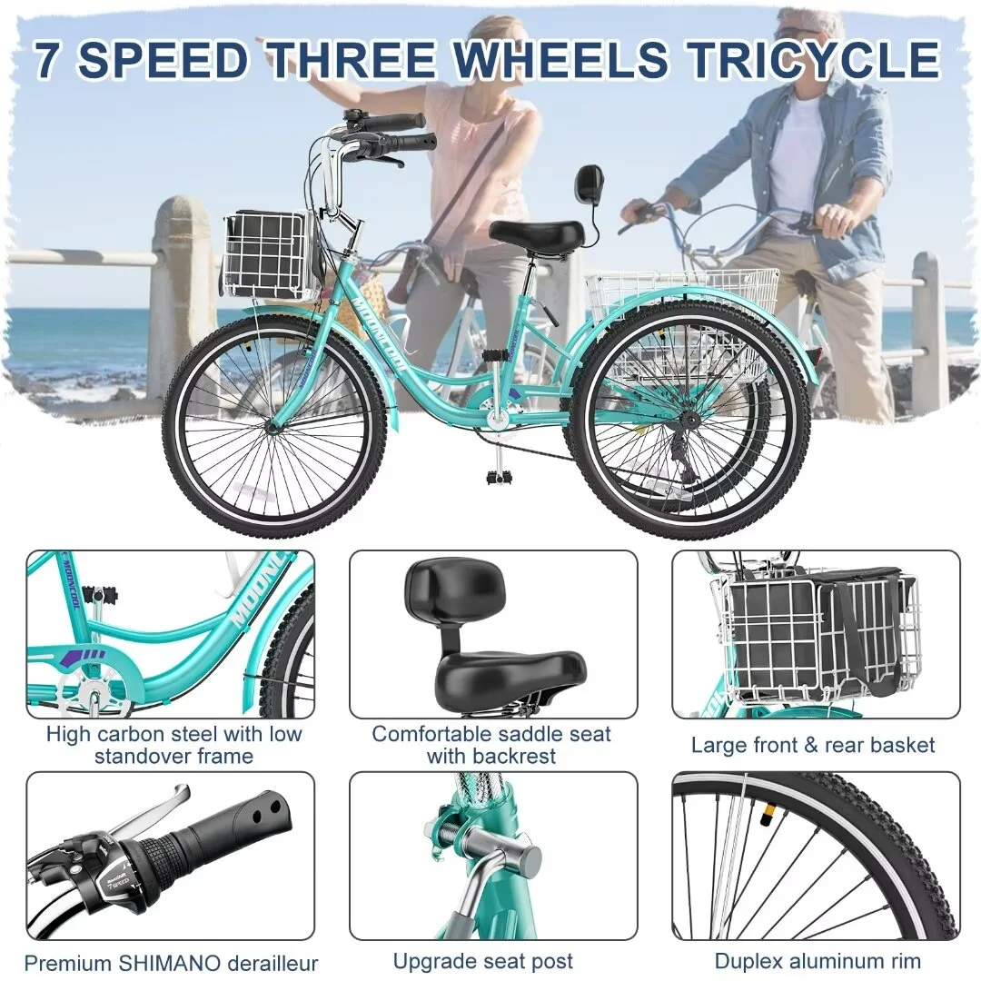 Docred Adult Tricycle 7 Speed 24 Inch Three Wheel Bike Cruiser Trike for Men/Women/Seniors - Womvr