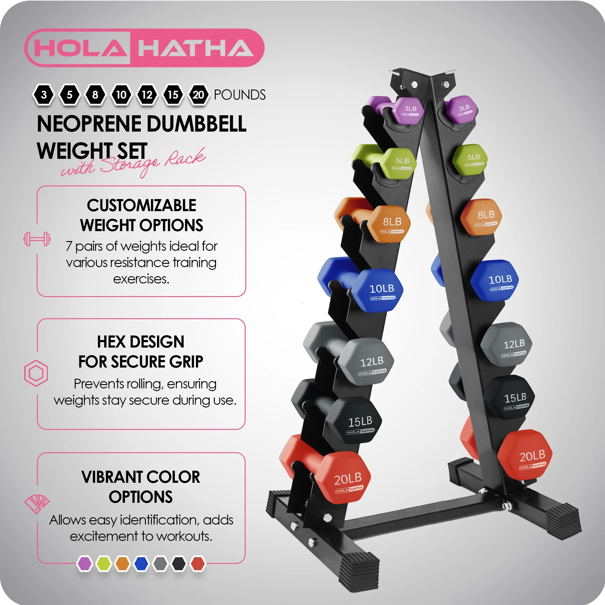 HolaHatha 3, 5, 8, 10, 12 & 15 Pound Neoprene Dumbbell Weight Set with Rack - Womvr