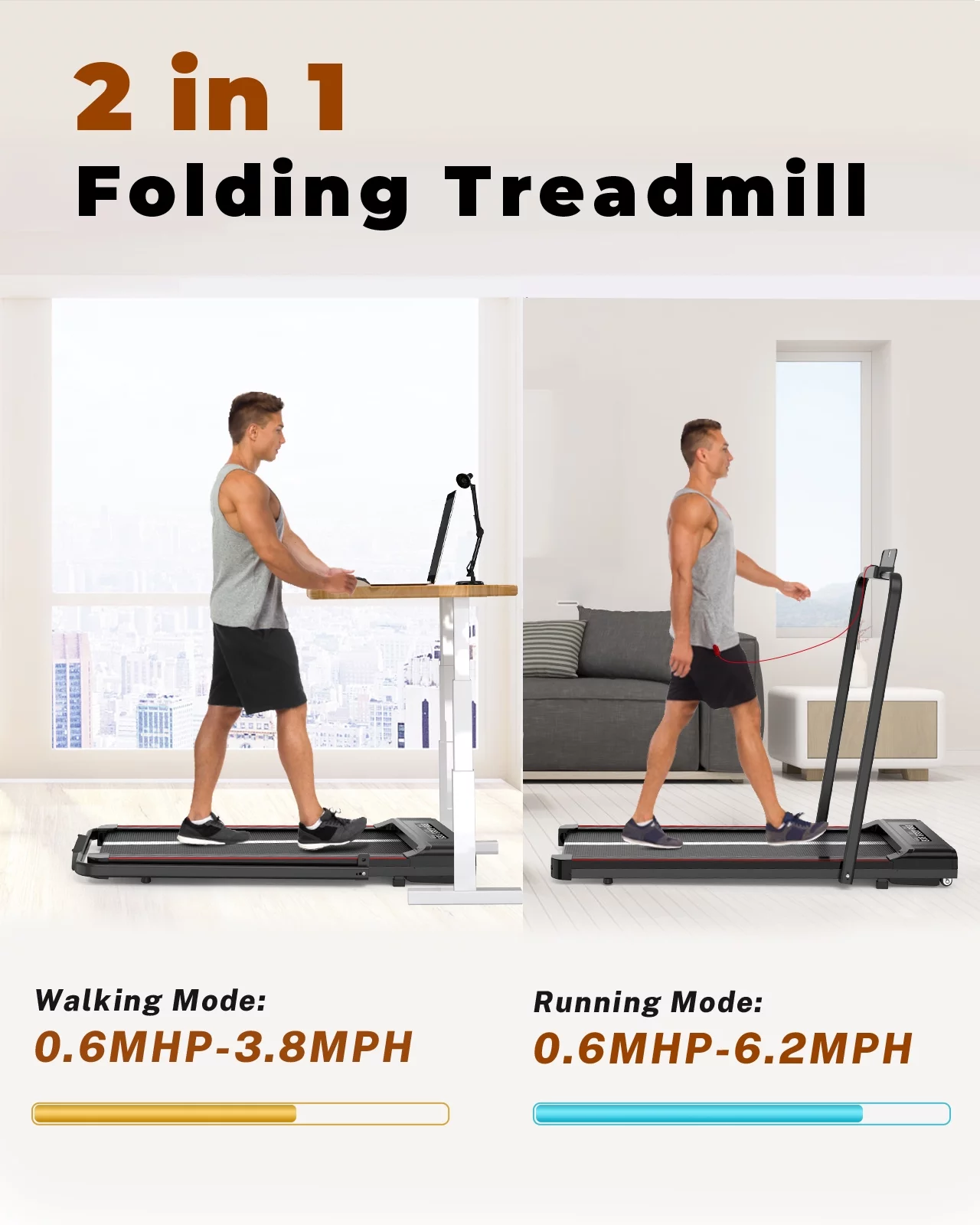 Home Fitness Code Foldable Treadmill with Bluetooth Speaker, 3HP Under Desk Treadmills for Home - Womvr