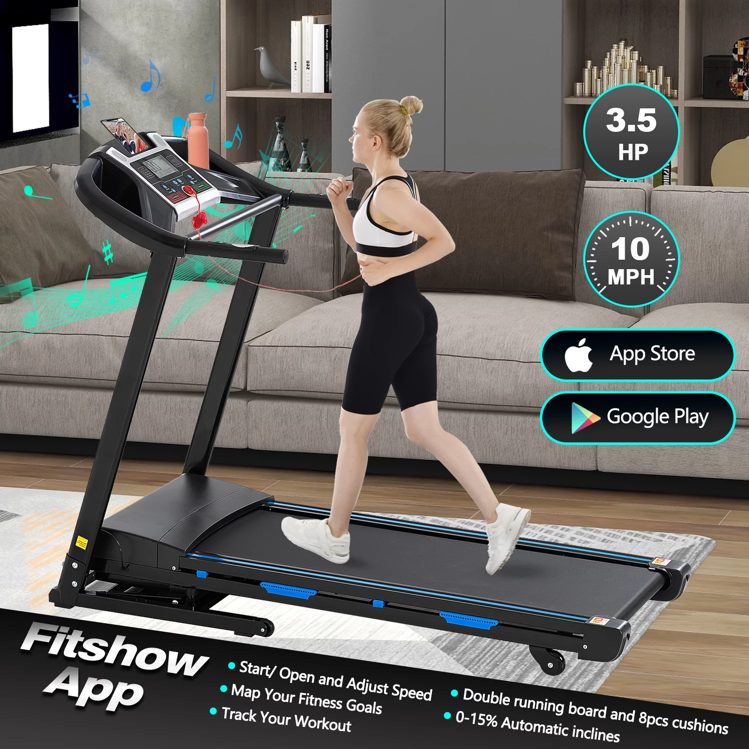 CIYOYO Folding Treadmills for Home, 3.5HP Electric Treadmill with Incline for Running Walking Jogging Exercise, 12 Preset Programs, 300LBS Max Whight - Womvr