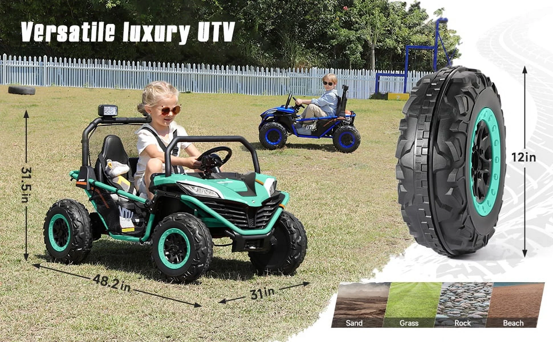 12 V Ride on Car,2 Seater Powered on Truck,4WD Electric Off-Road,Remote Control,Spring Suspension Ride on UTV for 3-8 Kids,Blue - Womvr
