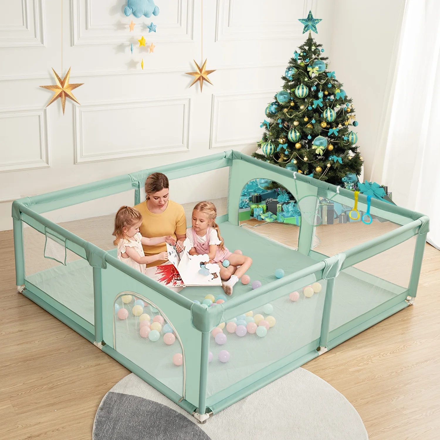 Baby Playpen, 63x63'' Large Baby Playard, Infant Activity Center with Anti-Slip Base, Gray - Womvr