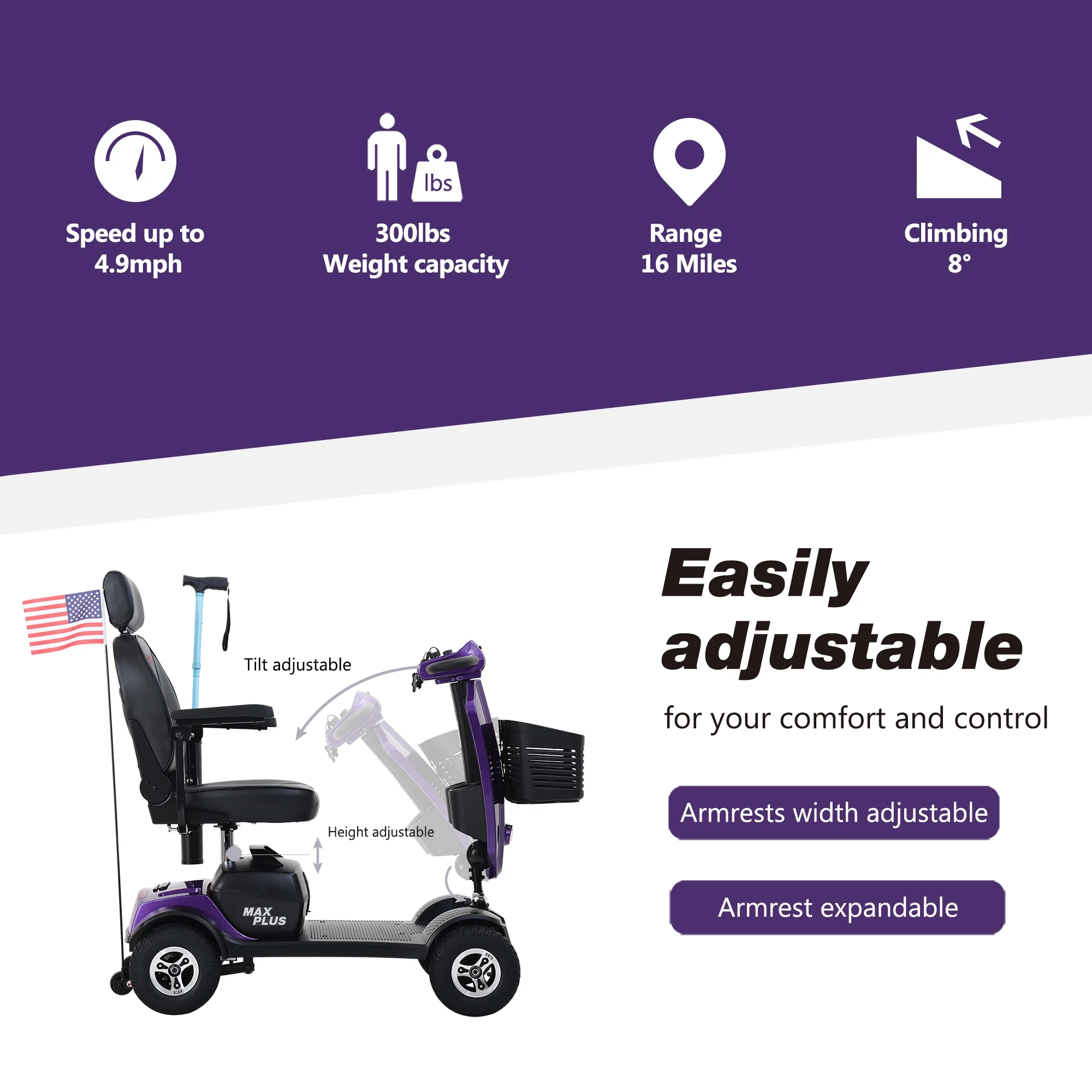 Metro Mobility Senior Scooter Folding Scooter 4 Wheel Scooter with USB Port Purple - Womvr
