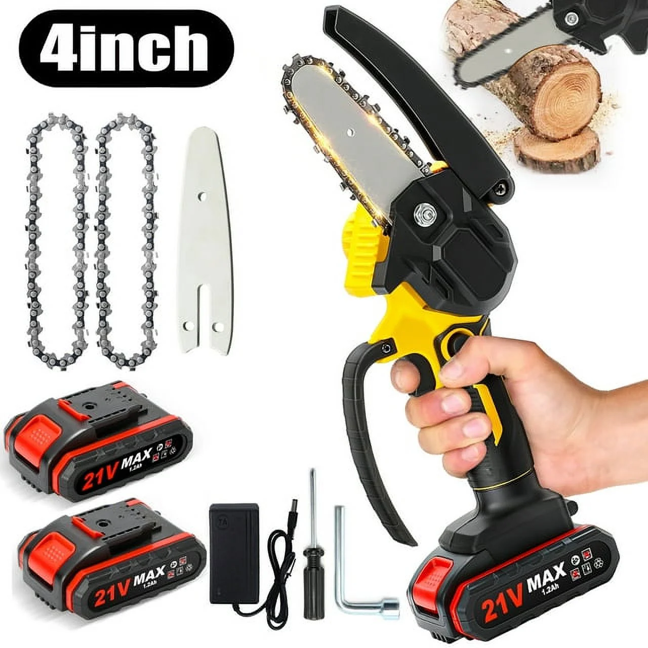 4 inch Mini Chainsaw with 2 Battery, Portable Cordless Handled Chain Saws, Small Chainsaw for Wood Cutting Tree Trimming - Black - Womvr