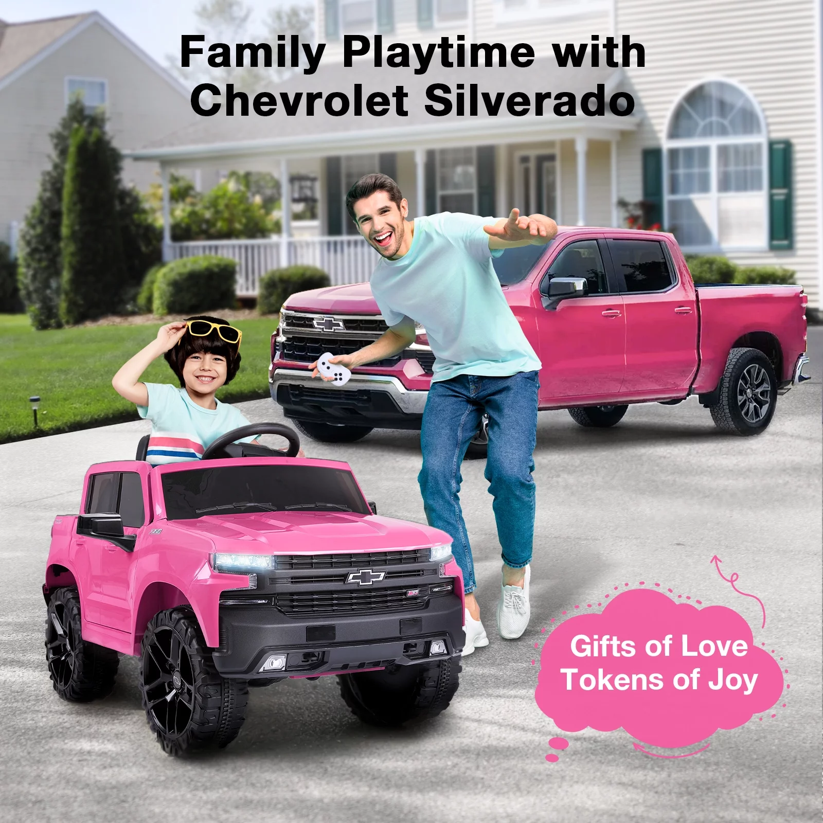FUNTOK Licensed Chevrolet Silverado 12V Kids Electric Powered Ride on Toy Car with Remote Control & Music Player, Black - Womvr
