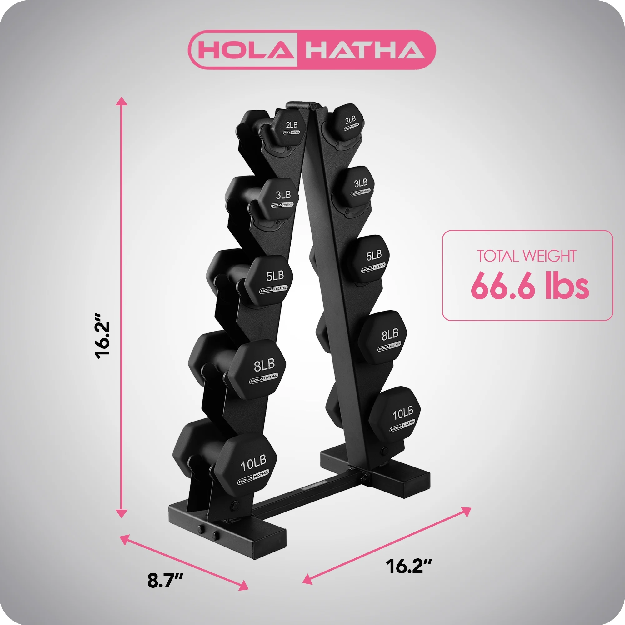 HolaHatha 3, 5, and 8 Pound Dumbbell Hand Weight Set with Storage Rack, Multi - Womvr