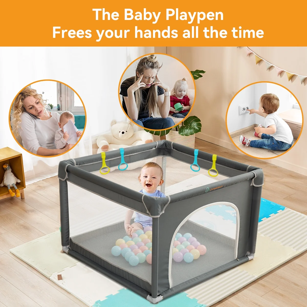 Baby Playpen, 36x36x27inch Portable Soft Mesh Sturdy Pipe Ample Space for Toddler, Gray - Womvr