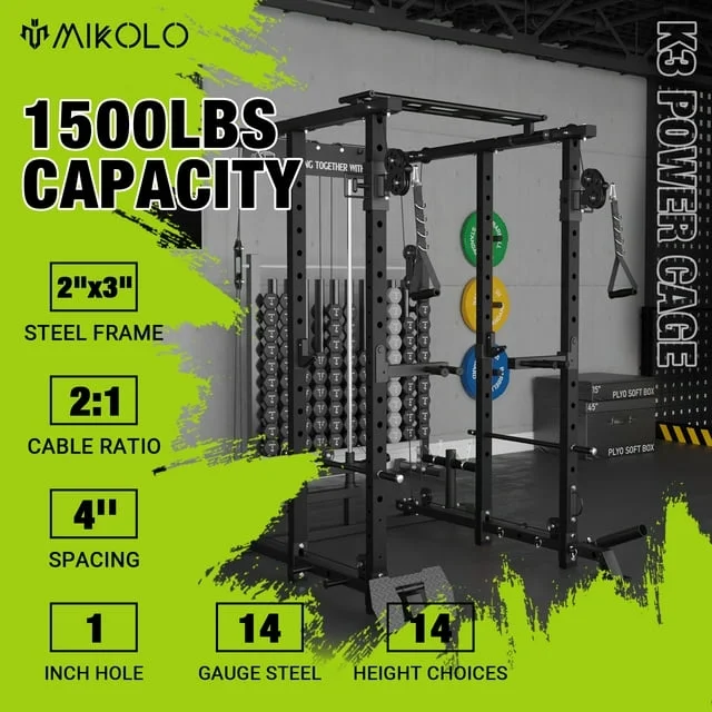 Mikolo Power Rack Cage, 1500 lbs Weight Rack with Cable Crossover Machine,Multi-Function Squat Rack with J Hooks,Dip Bars and Landmine for Home Gym (Black), Plate Loaded Machine - Womvr