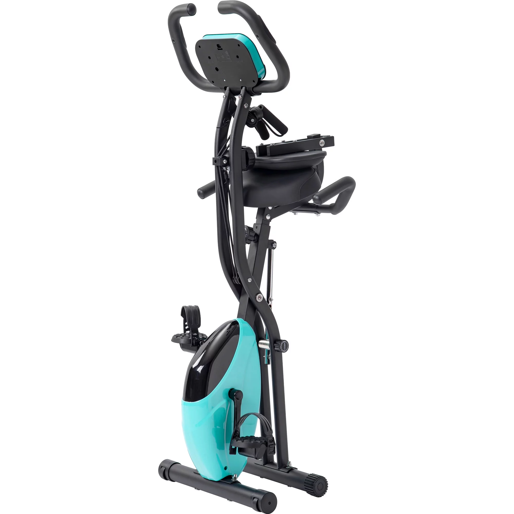 Folding Exercise Bike, Fitness Upright and Recumbent X-Bike with 10-Level Adjustable Resistance, Arm Bands and Backrest - Womvr
