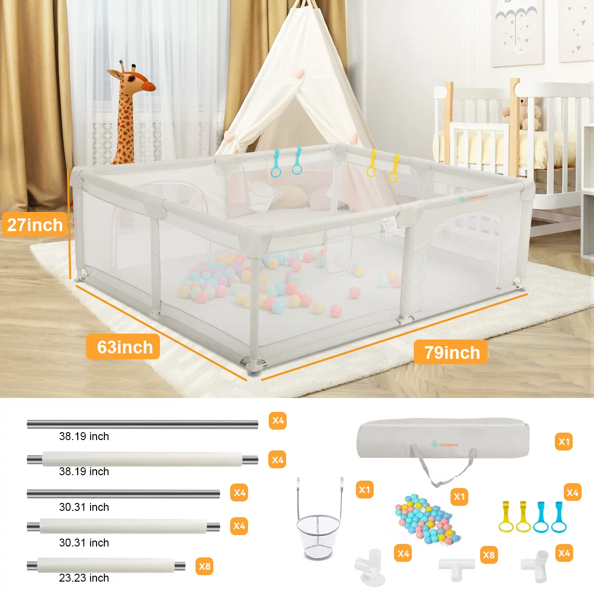 Large Baby Playpen, 79x63x27inch Activity Center Playard for Babies and Toddlers, Gray - Womvr
