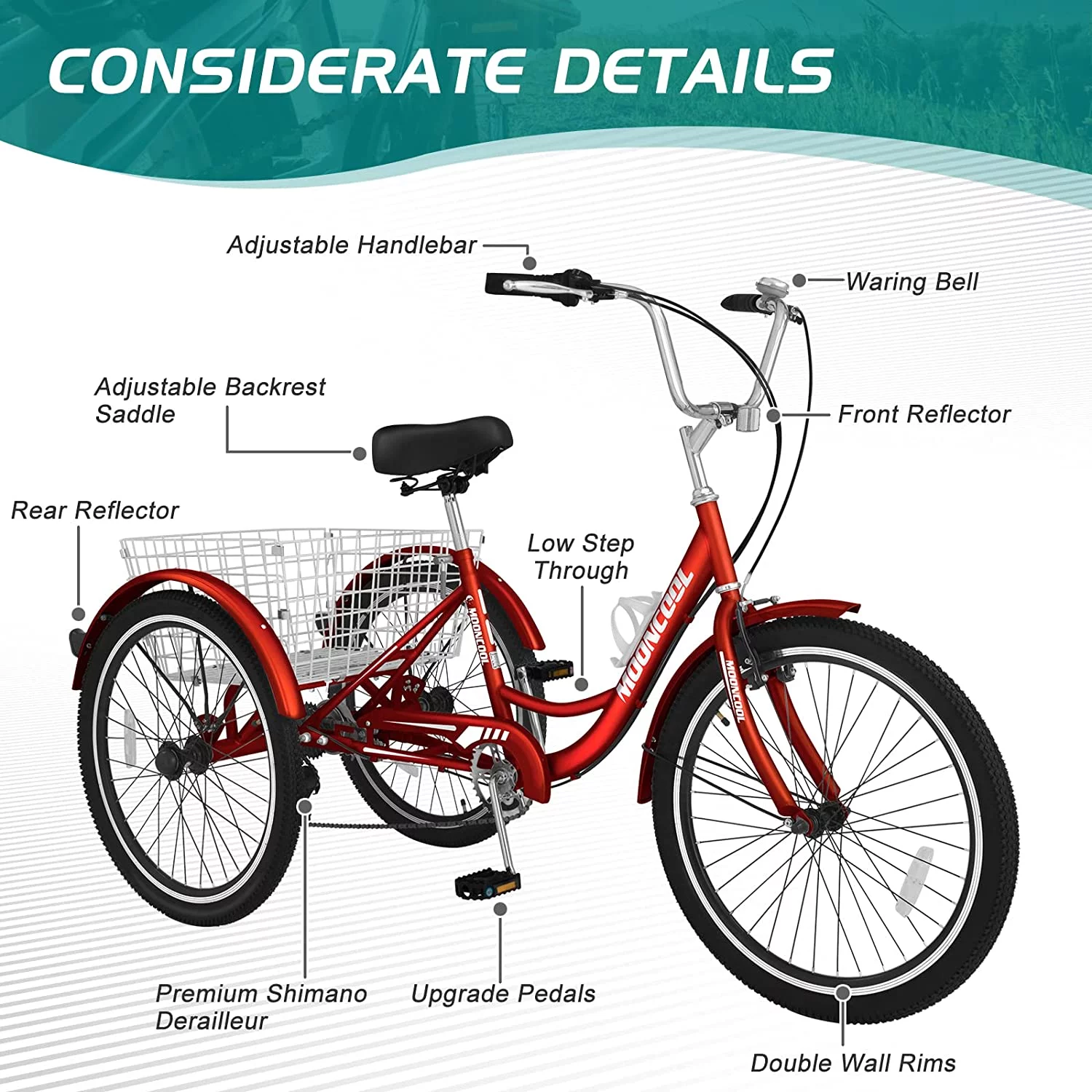 Docred Adult Tricycle 7 Speed 24 Inch Three Wheel Bike Cruiser Trike for Men/Women/Seniors - Womvr