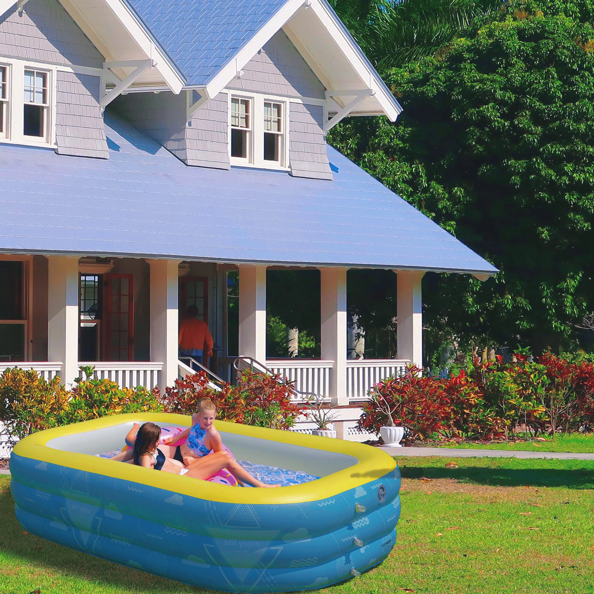 Hyindoor Inflatable Swimming Pool with Pump 9.85×5.74×2.23ft Rectangle Kids, Adults, Family Blue - Womvr