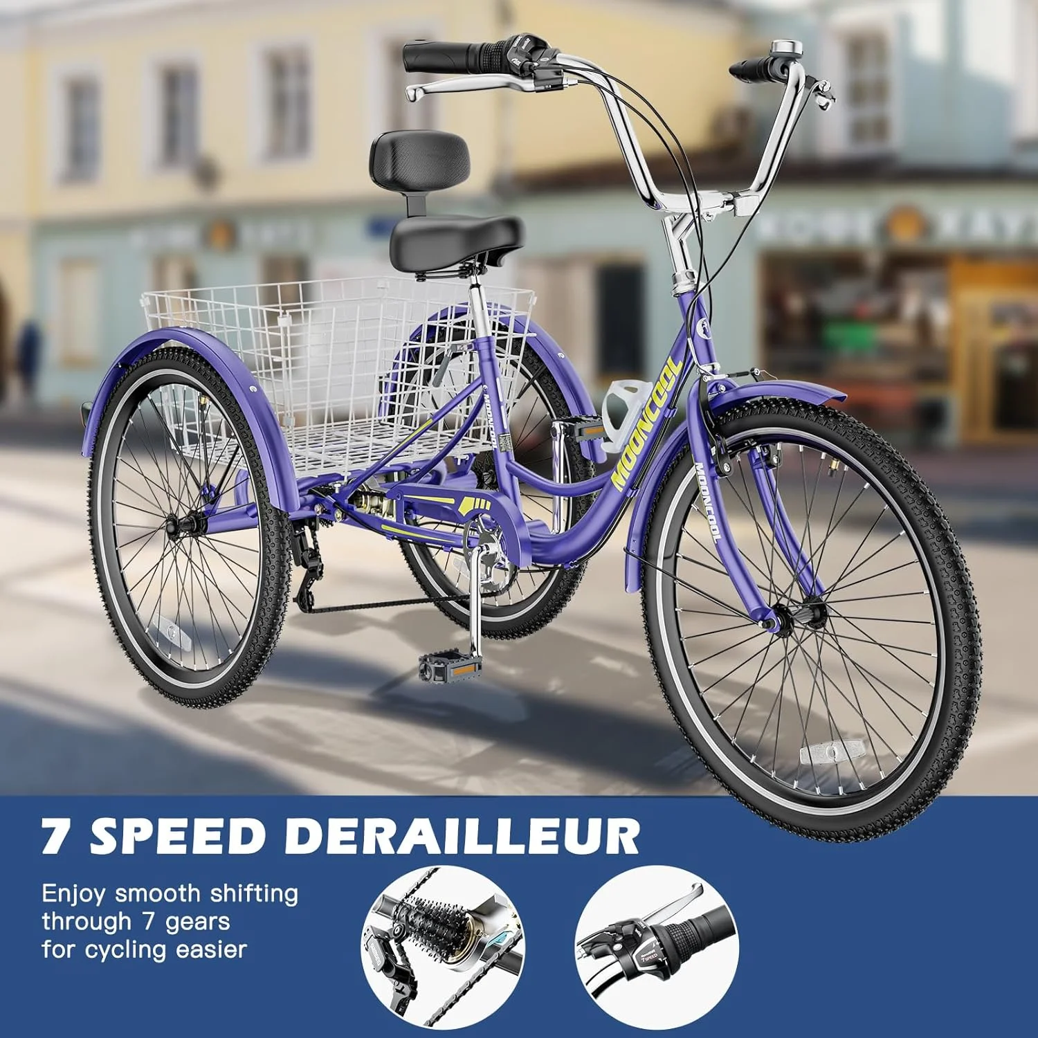 MOONCOOL Adult Tricycles with Rear Basket, 24 26 inch 7 Speed 3 Wheel Bikes, Three-Wheeled Bicycles Adult Trike with Backrest for Seniors, Women, Men - Womvr