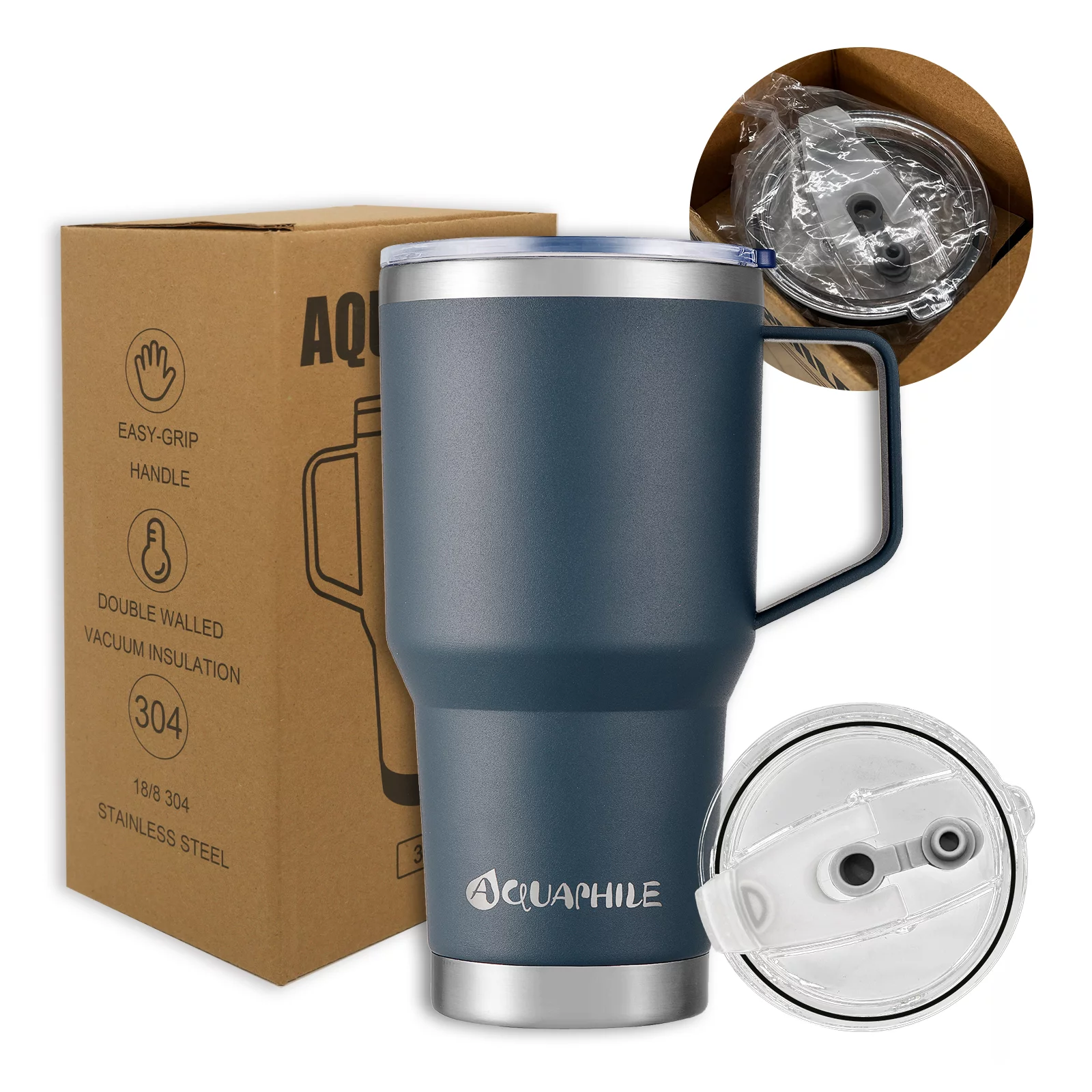 AQUAPHILE 30oz Stainless Steel Insulated Coffee Mug with Handle, Double Walled Vacuum Travel Cup with Lid & Straw, Reusable Thermal Coffee Cup, Portable Coffee Tumbler,Light Blue - Womvr