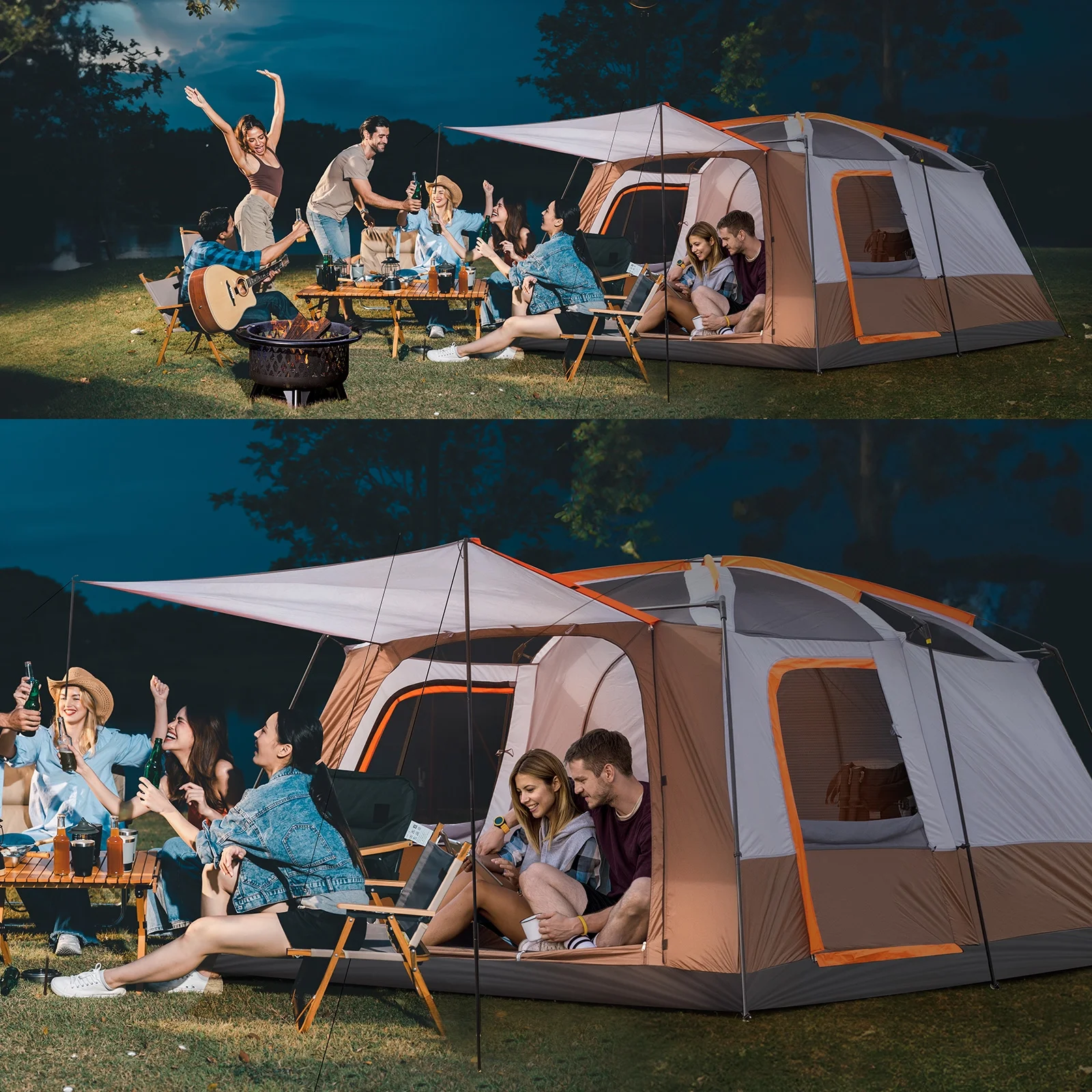 Zimtown Family Camping Tents 10 People Three Rooms Polyester Cloth Fiberglass Poles Dark Gray - Womvr