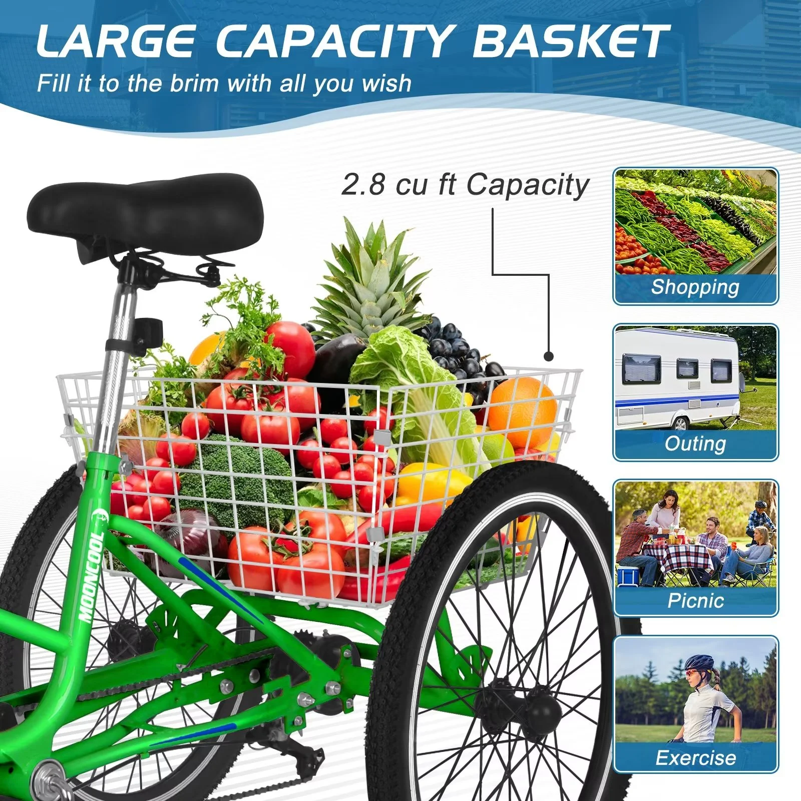 MOPHOTO 20/24/26 inch Adult Tricycle Folding 3 Wheel Cruiser Bikes 7 Speed, Portable and Foldable Trikes with Cargo Basket for Men & Women Outdoor Cycling, Purple - Womvr