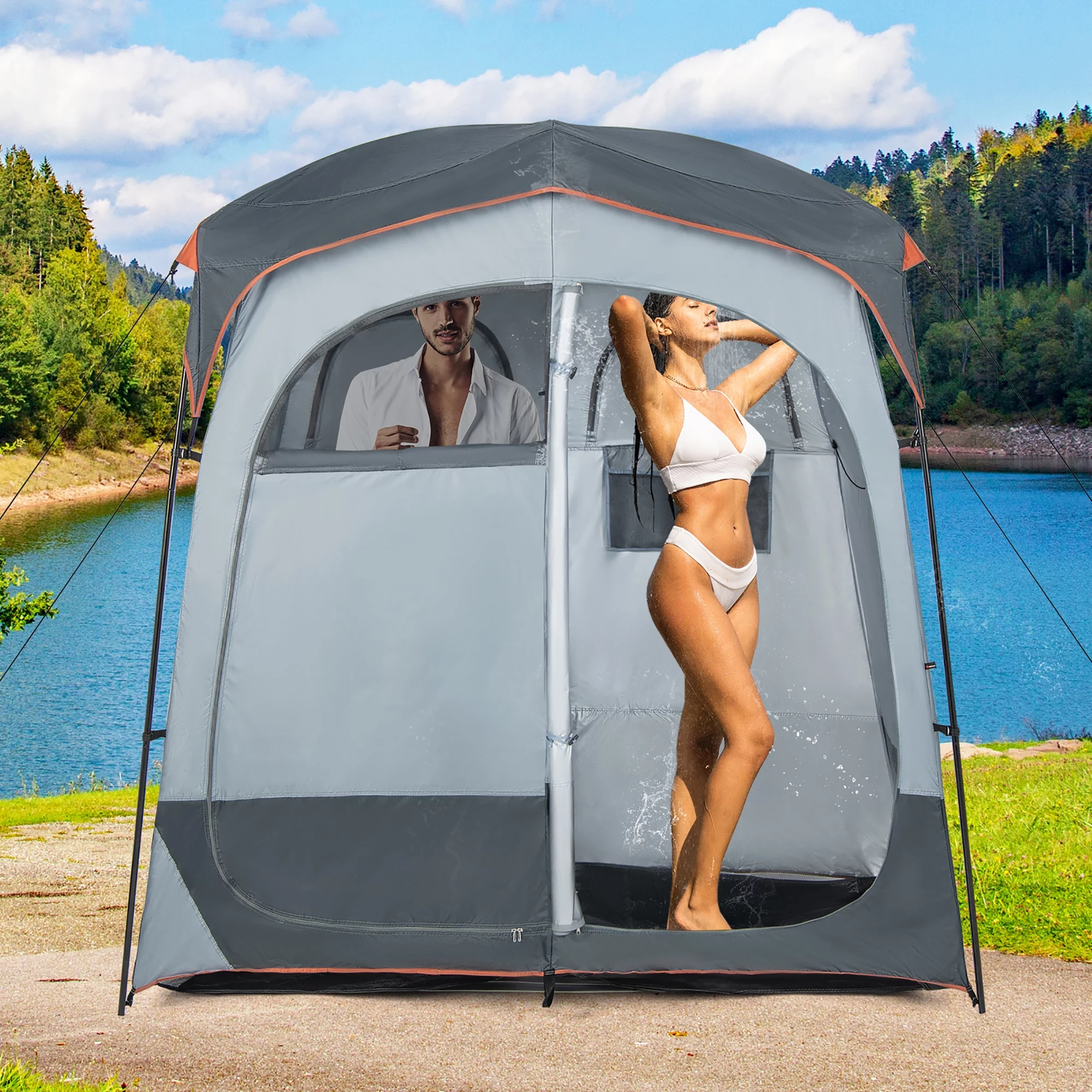 Costway 2 Room Shower Tent Oversize Privacy Shelter Portable Dressing Toilet Outdoor - Womvr