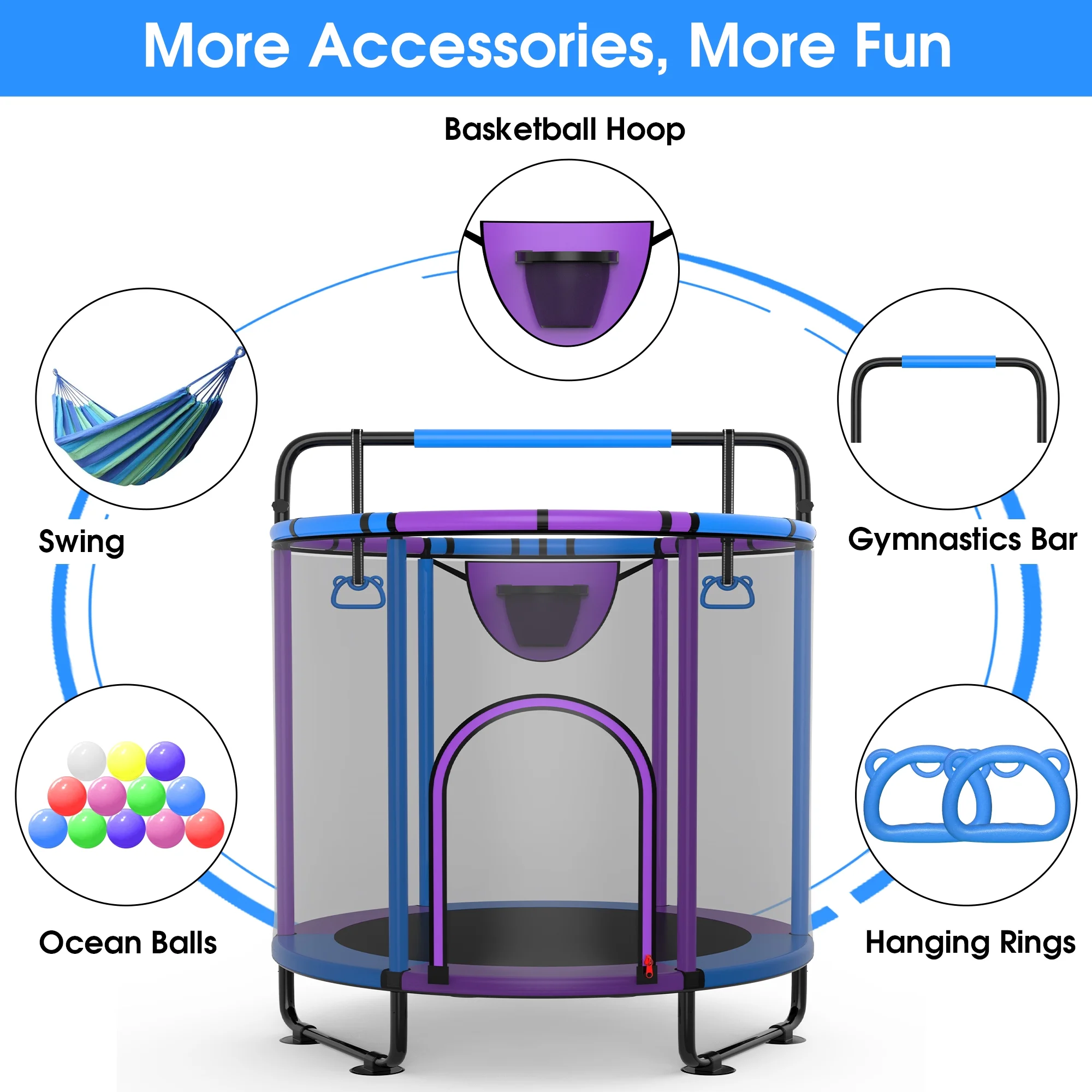 YORIN Trampoline for Kids, 60'' Mini Trampoline for Toddlers with Swing, Enclosure Net and Basketball Hoop, Indoor/Outdoor Kids Round Trampoline with Adjustable Gymnastics Bars, Gifts for Boys & Girls - Womvr