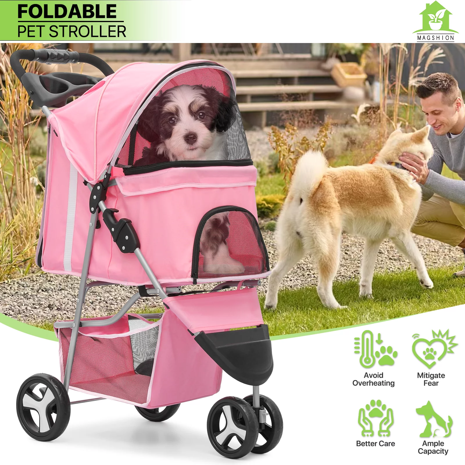 Magshion Foldable Pet Dog Stroller with Wheels, Cat Dog Stroller with Storage Basket and Cup Holder for Small and Medium Cats, Dogs, Puppy, Navy Blue - Womvr