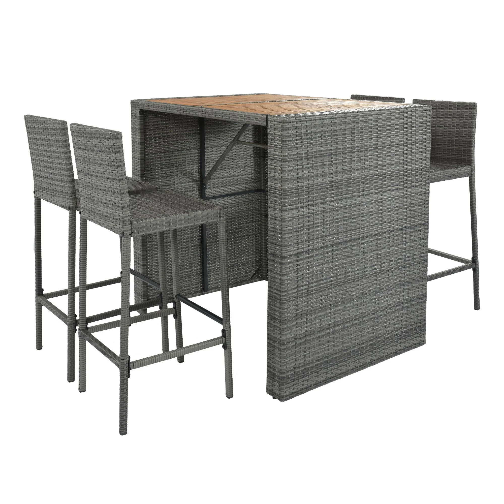 SESSLIFE 5 Piece Outdoor Rattan Dining Set with Storage Shelf, Patio Bar Table and 4 Stools Set, Modern Gray Wicker Outdoor Furniture Sets - Womvr
