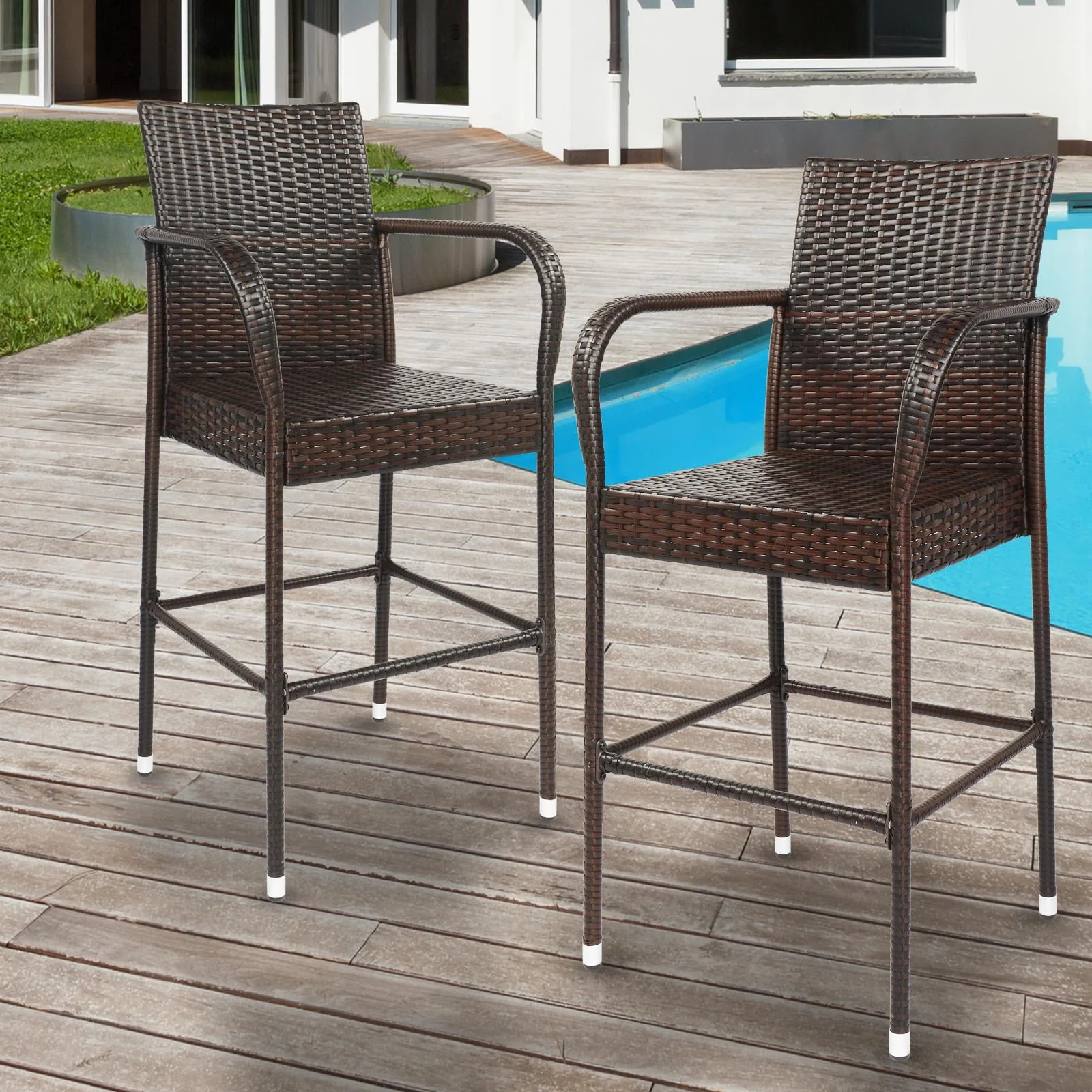 Ktaxon 2Pcs Wicker High Bar Chair for Outdoor Garden , Brown Gradient, Rattan Bar Stools w/ Footrest - Womvr