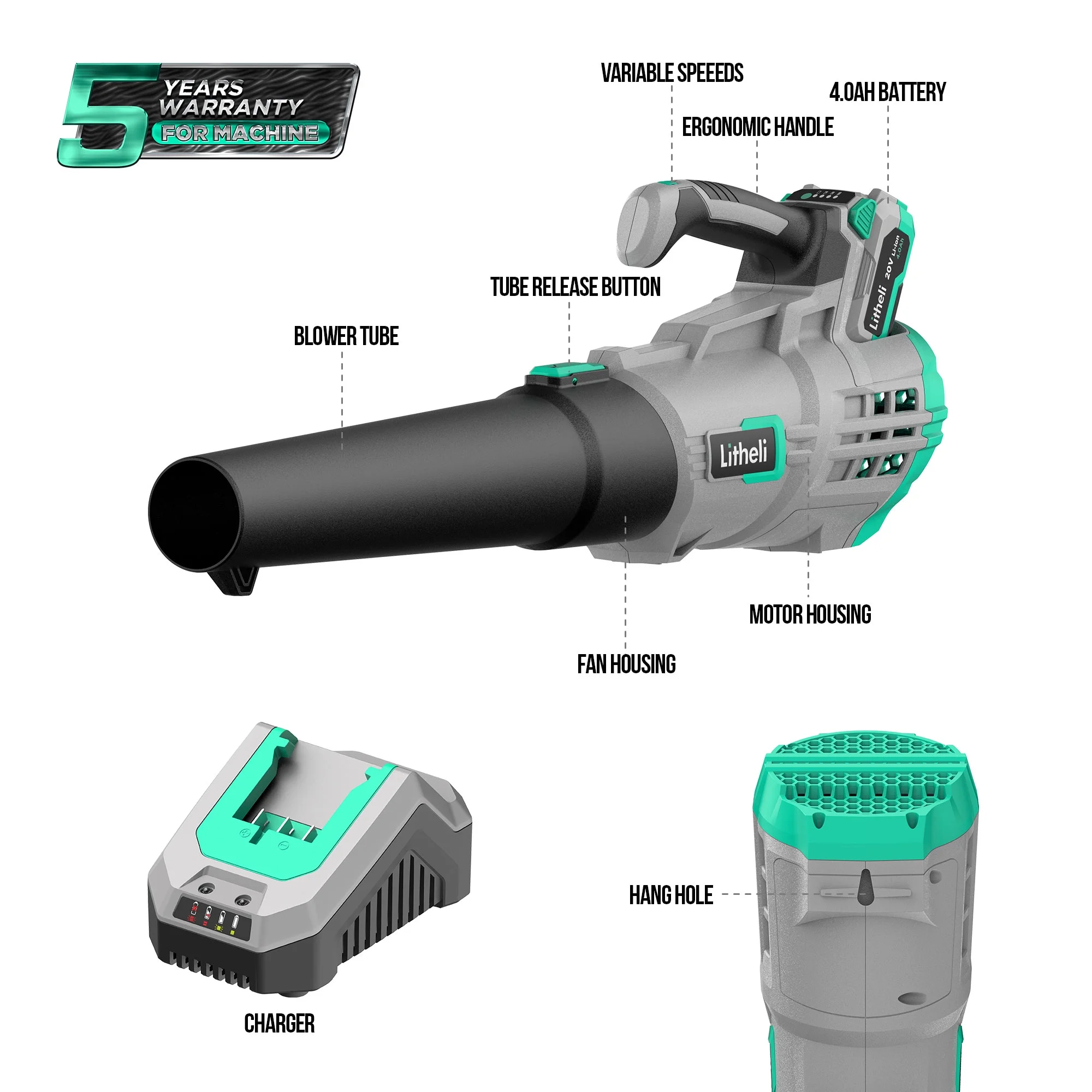 Litheli 20V Cordless Leaf Blower 350CFM 2-Speed Turbine Electric Blowing Leaf for Lawn Yard Road Car, with 4.0Ah Battery & Charger - Womvr