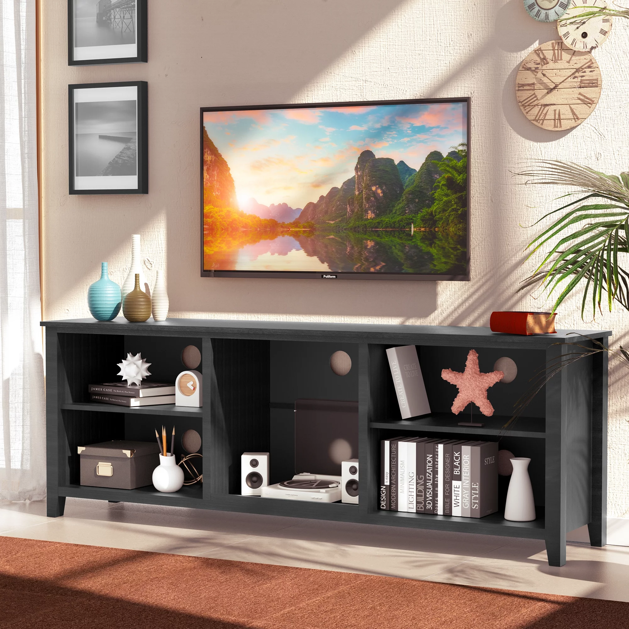 SYNGAR TV Stand for 65 inch TV, Modern TV Console Table Stand with 2 Door Cabinet, Living Room TV Table Stand Buffet Cabinet with Adjustable Storage Shelves, 60