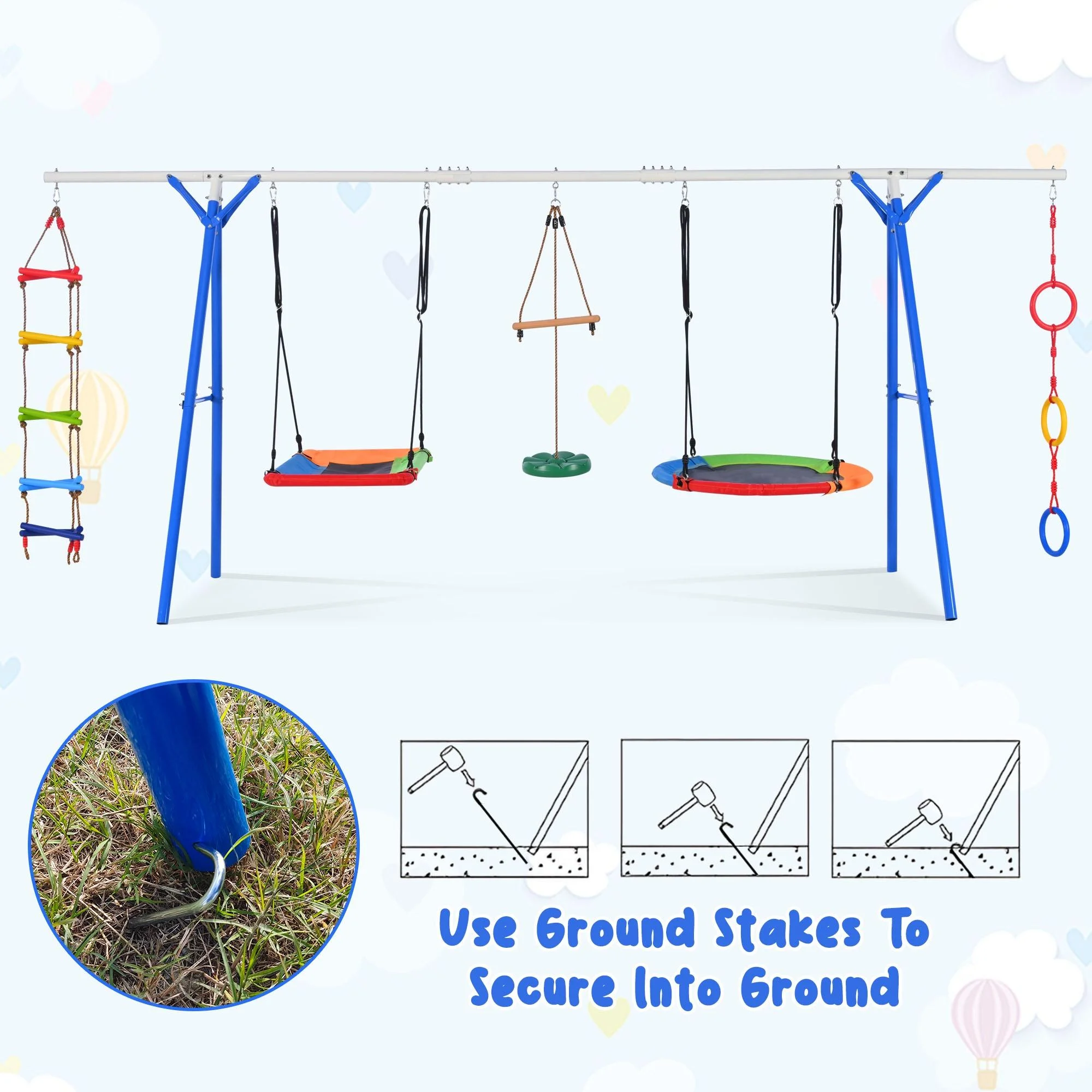5 in 1 Metal Swing Set for Outside, Kids Backyard Swing Set with Swing Chair, Slide, Glider, Ground Nail, Outdoor Backyard Playground Swing Sets for 3-8 Year, Max Weight 700 lbs - Womvr