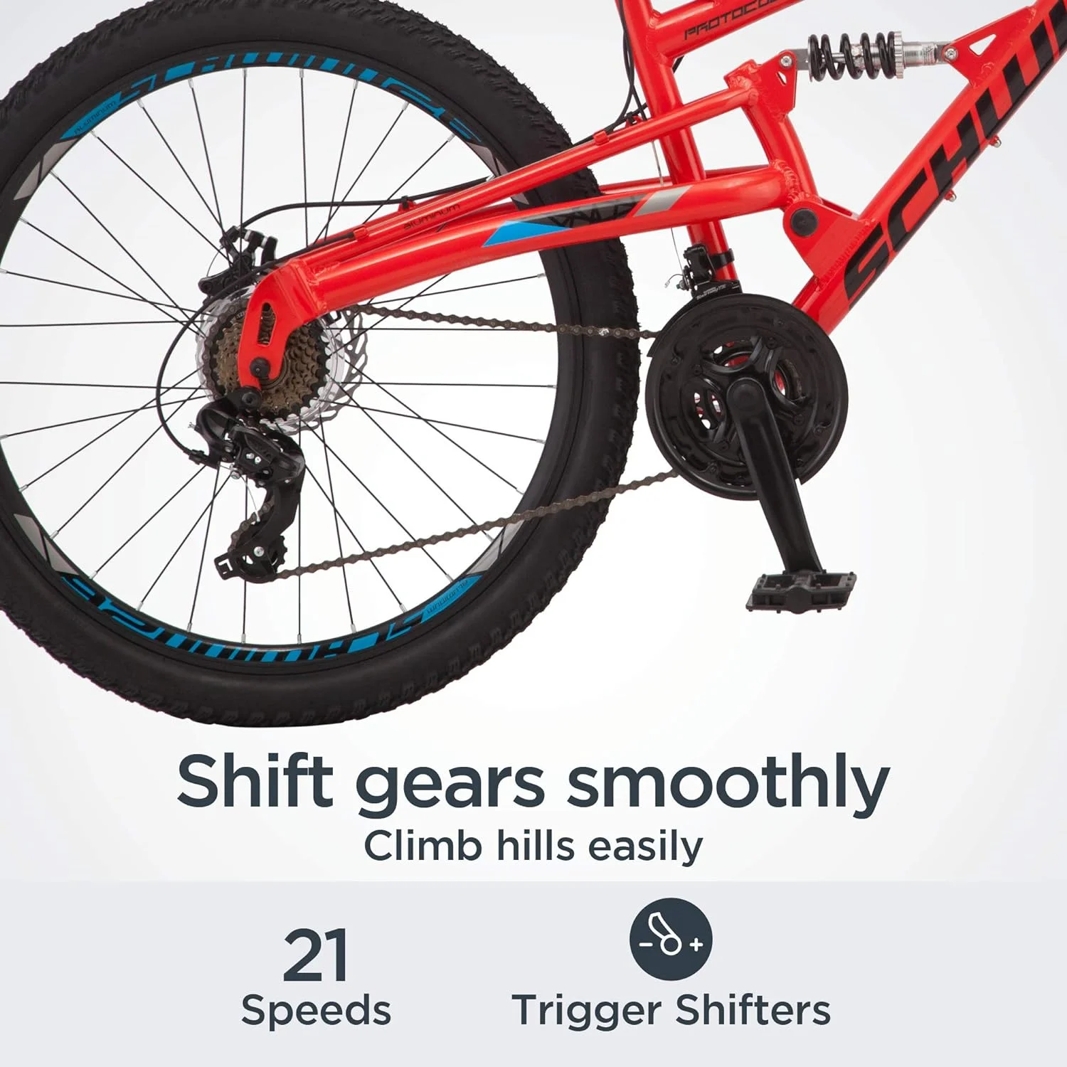 Schwinn Protocol 1.0 Men's and Women's Mountain Bike, 26 In. Wheels, 24-Speed Drivetrain, Lightweight Aluminum Frame, Full Suspension, Red/Blue - Womvr