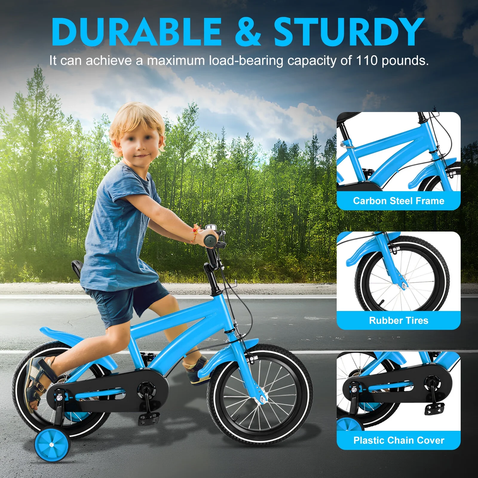 Aiqidi 14 Inch Kids Bike Universal Children Bicycle Adjustable Boys Girls Bikes w/Training Wheels & Braking & Mudguards, Blue - Womvr