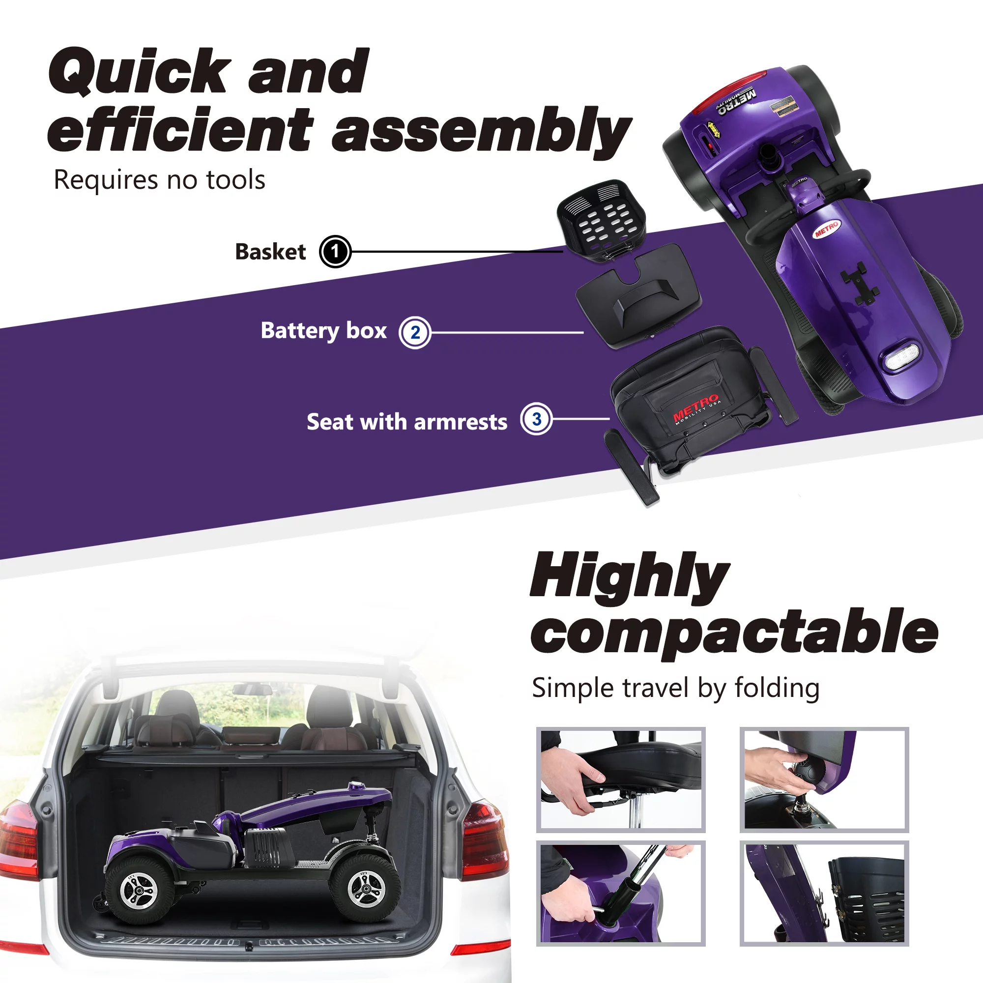 Metro Mobility Senior Scooter Folding Scooter 4 Wheel Scooter with USB Port Purple - Womvr